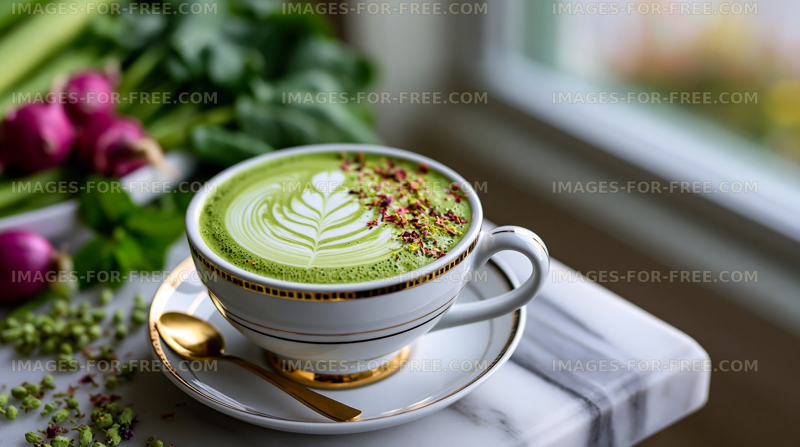 Matcha latte with pistachios and radishes on a marble countertop