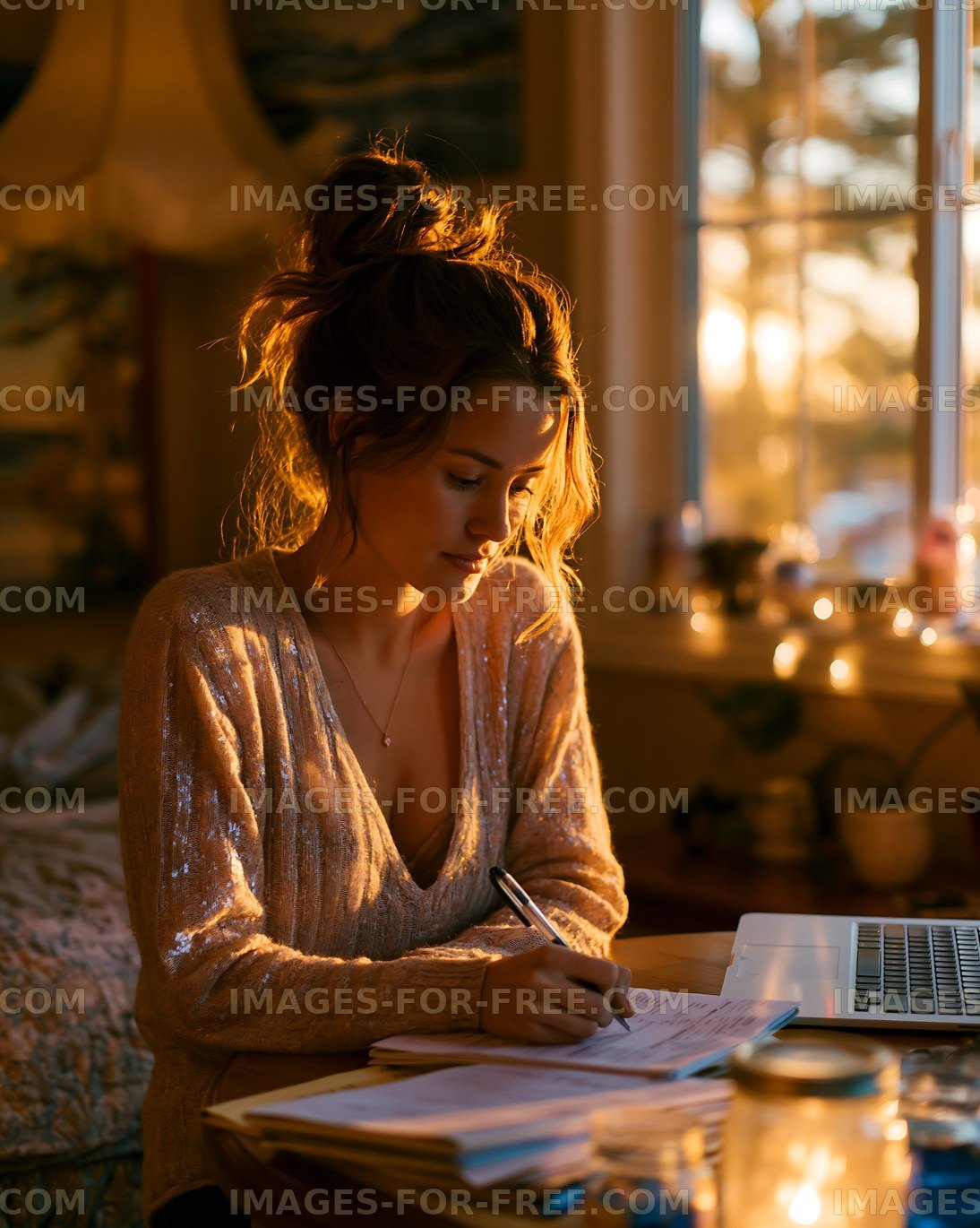 Woman writing notes at a table during sunset