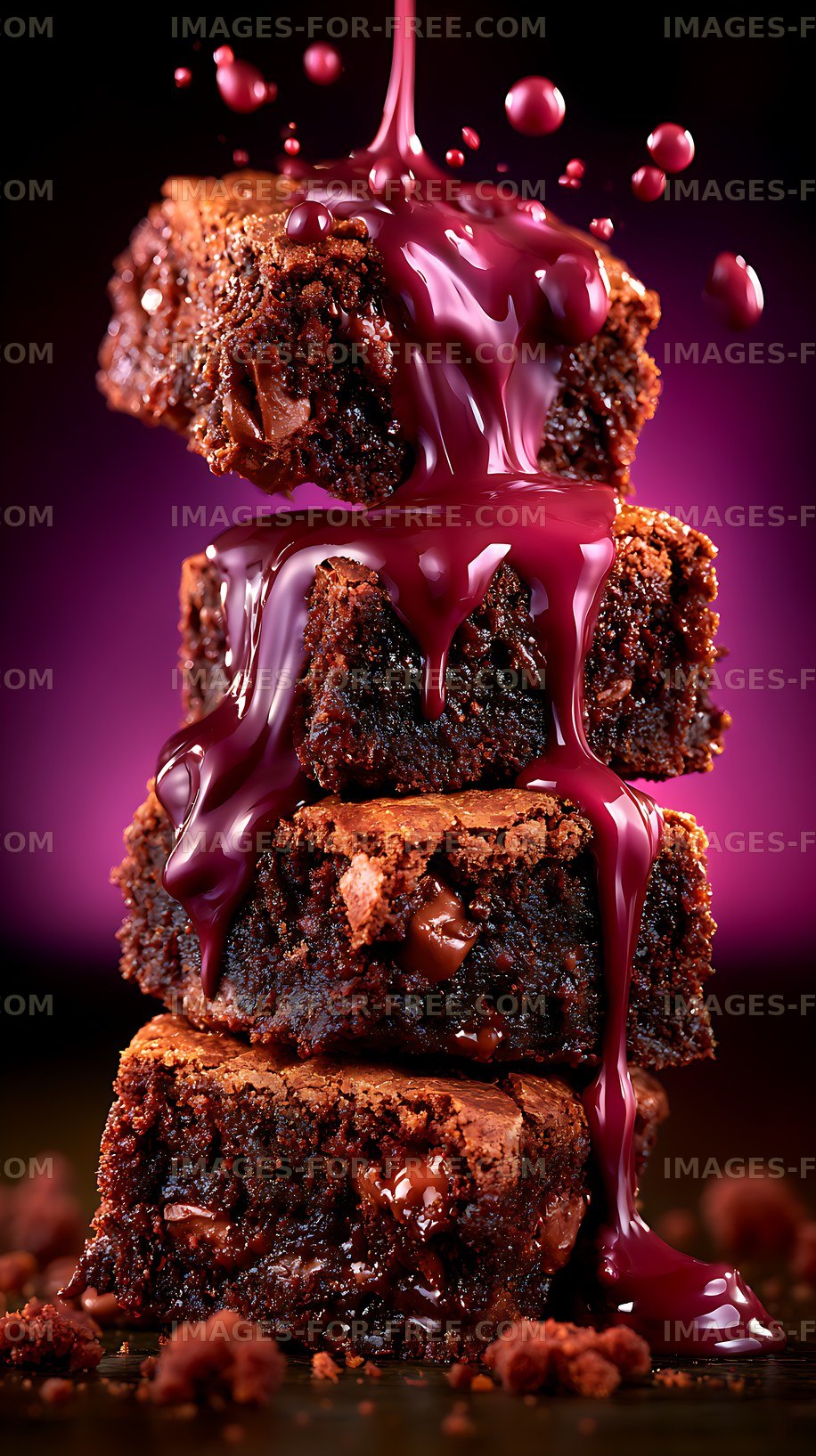 Brownies stacked with chocolate sauce dripping on a purple background