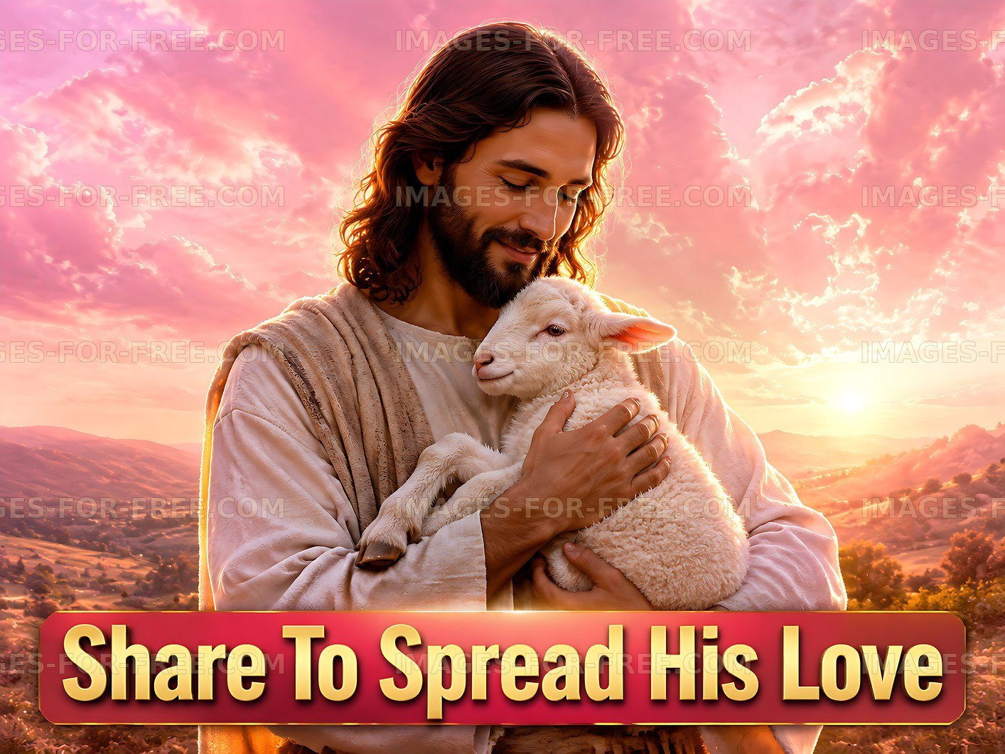 Man holding a lamb against a sunset background