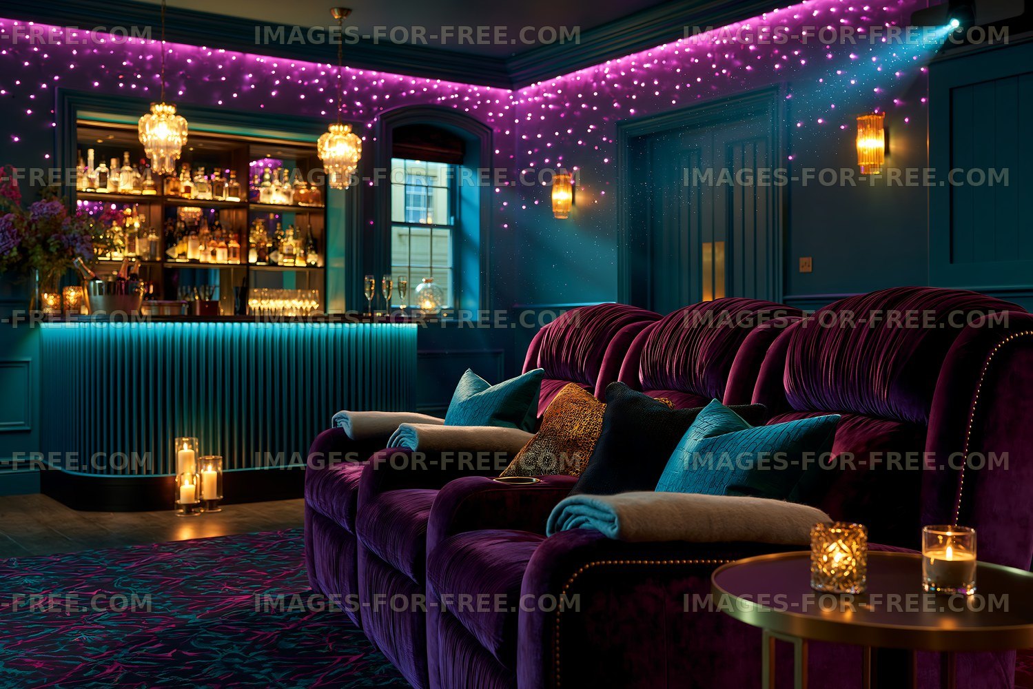 Luxury lounge with purple seating and bar area at night