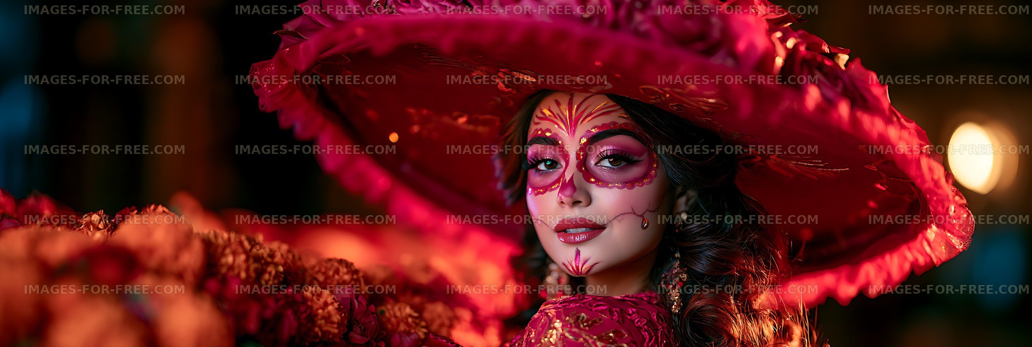 Woman in colorful attire wearing a large hat and vibrant makeup