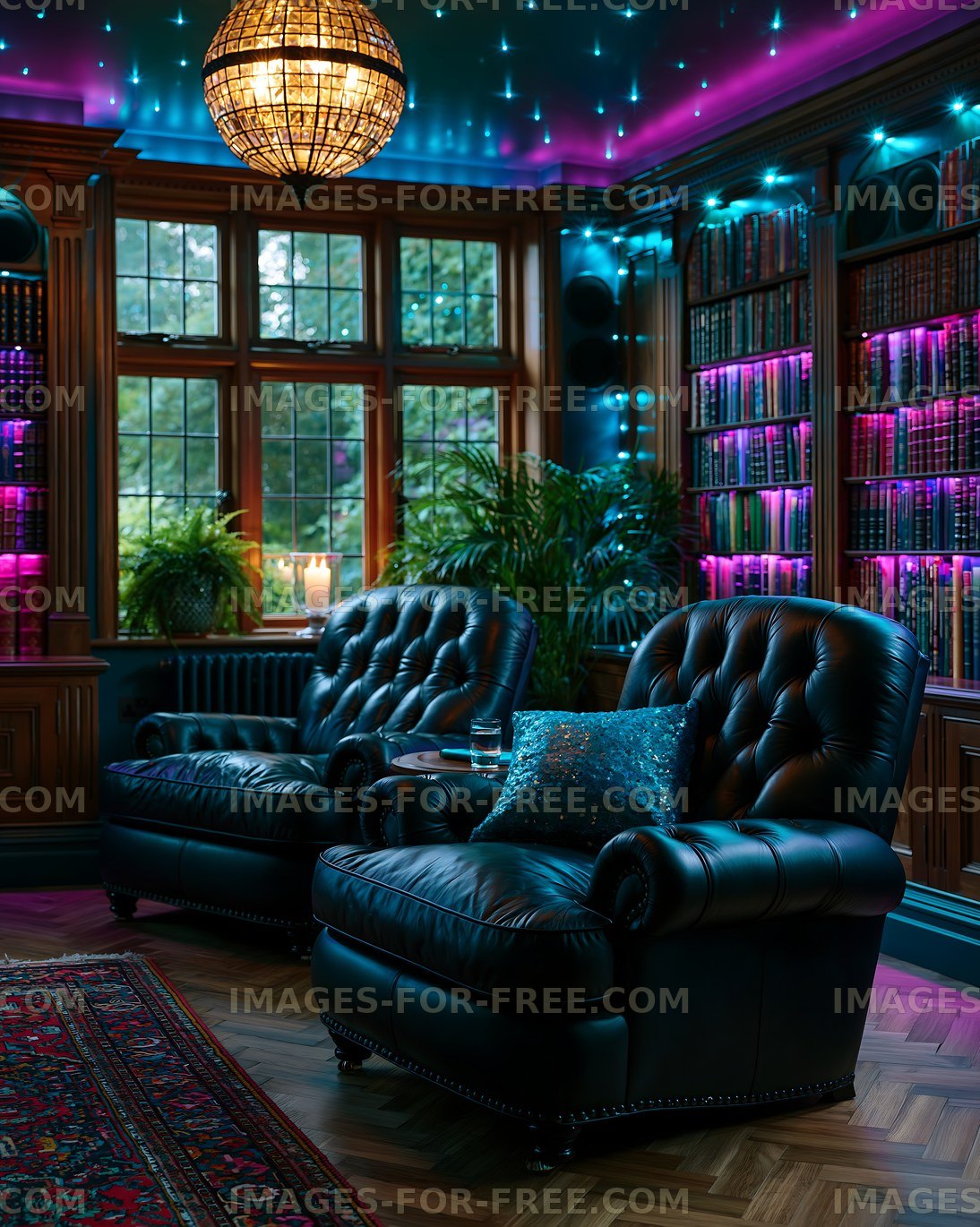 Cozy reading nook with leather chairs and colorful lights