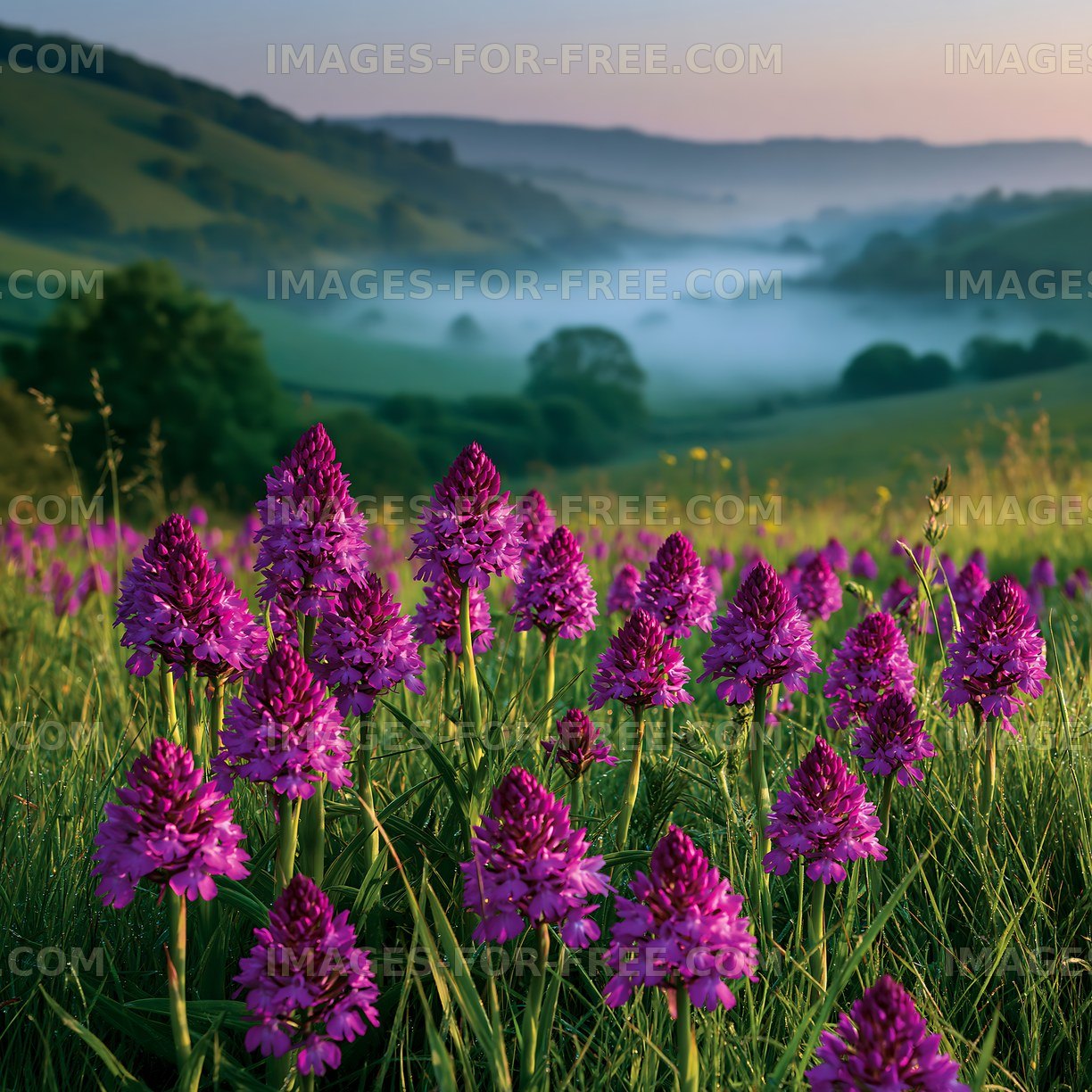 Purple flowers bloom in a misty valley at dawn
