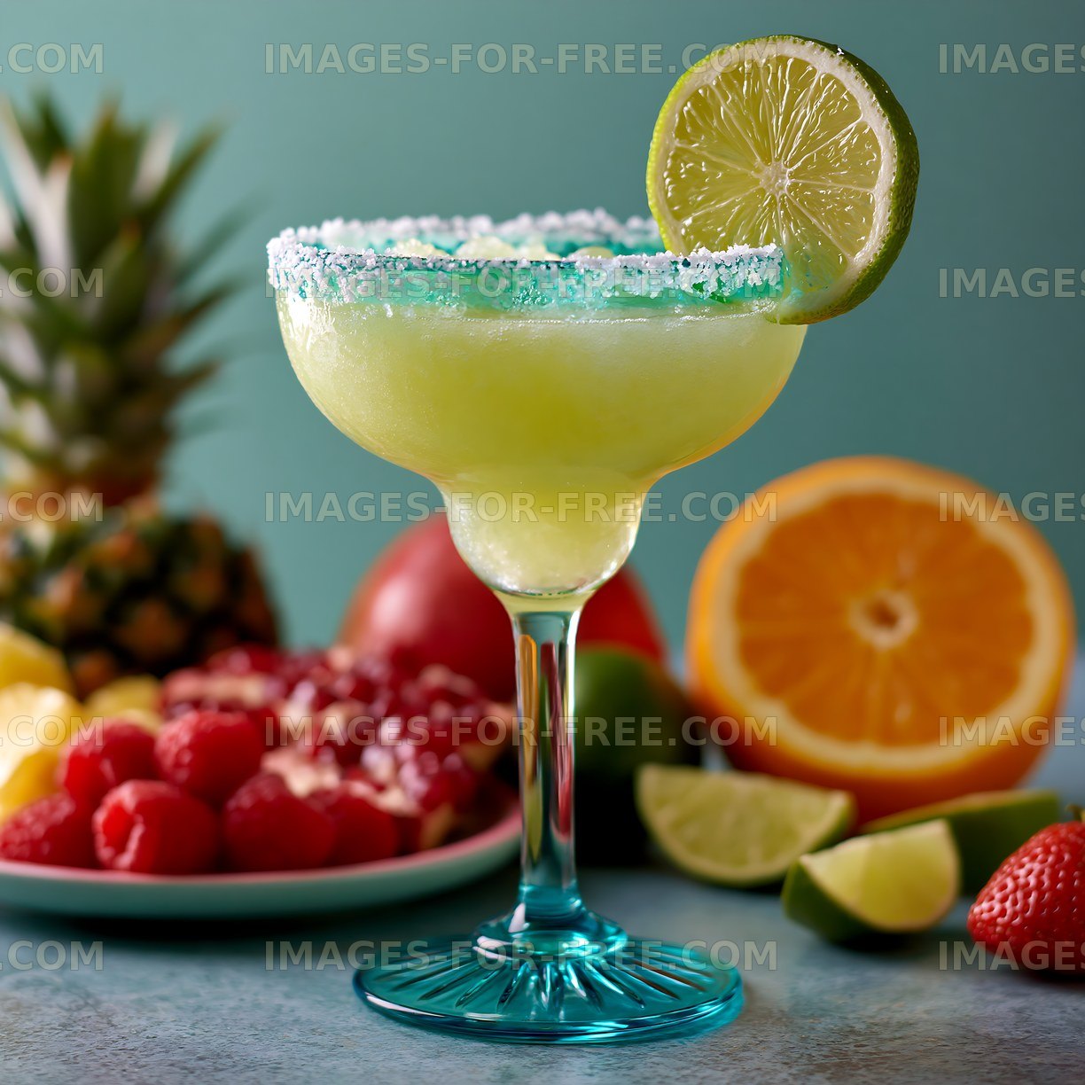 Fresh margarita with lime slice and assorted fruits in background