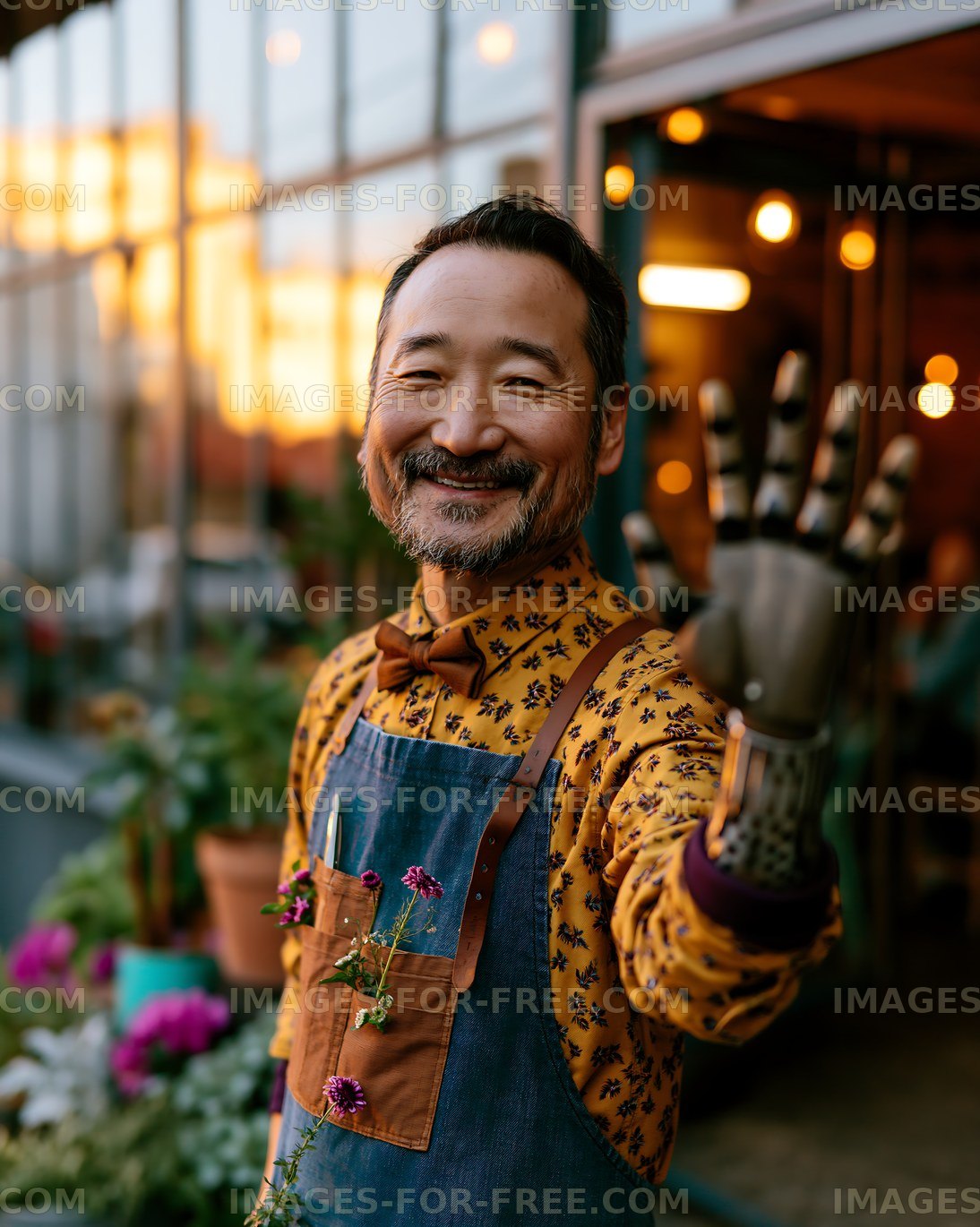Happy florist with flowers in a warm garden shop