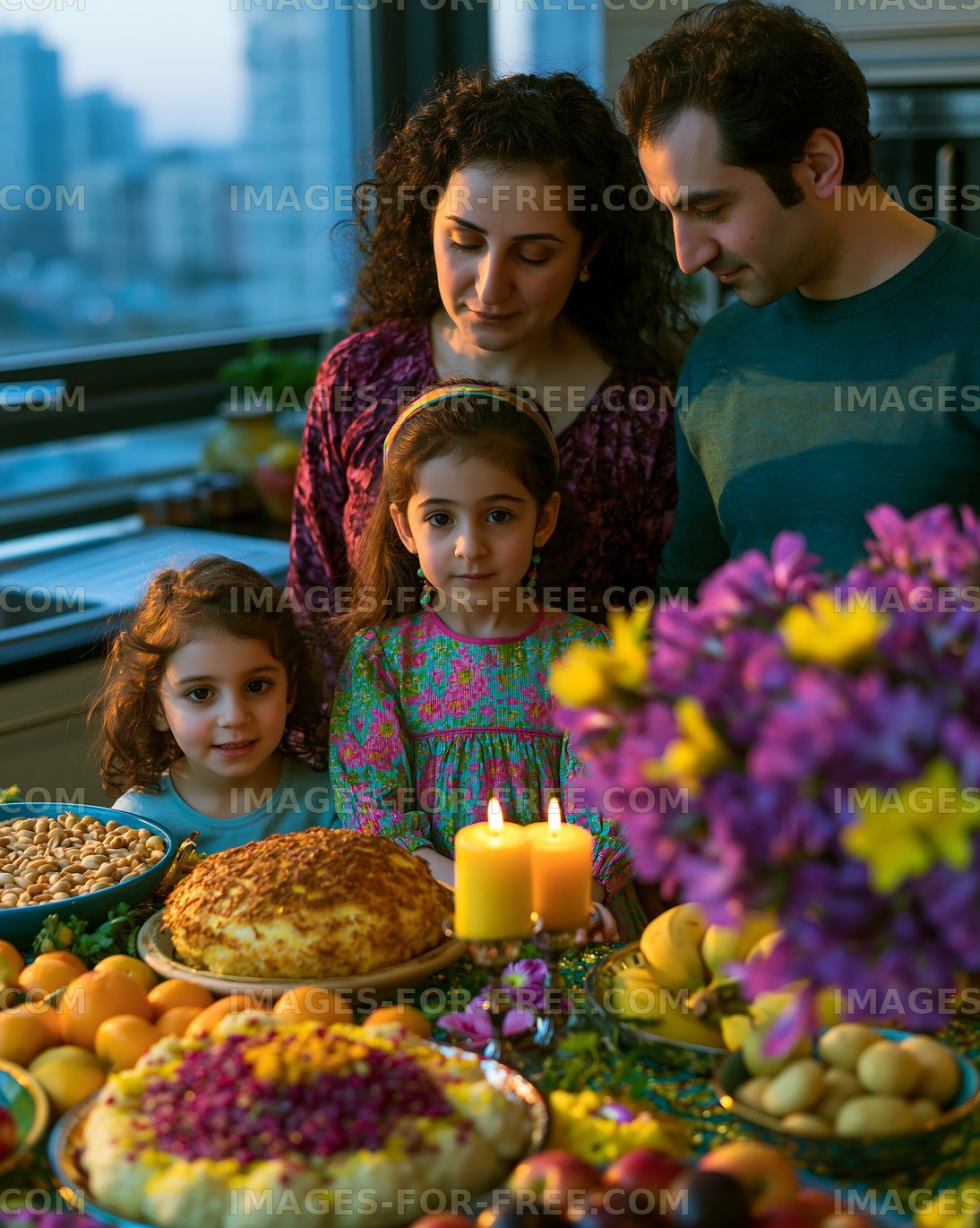 Family gathering at a table with festive food and candles