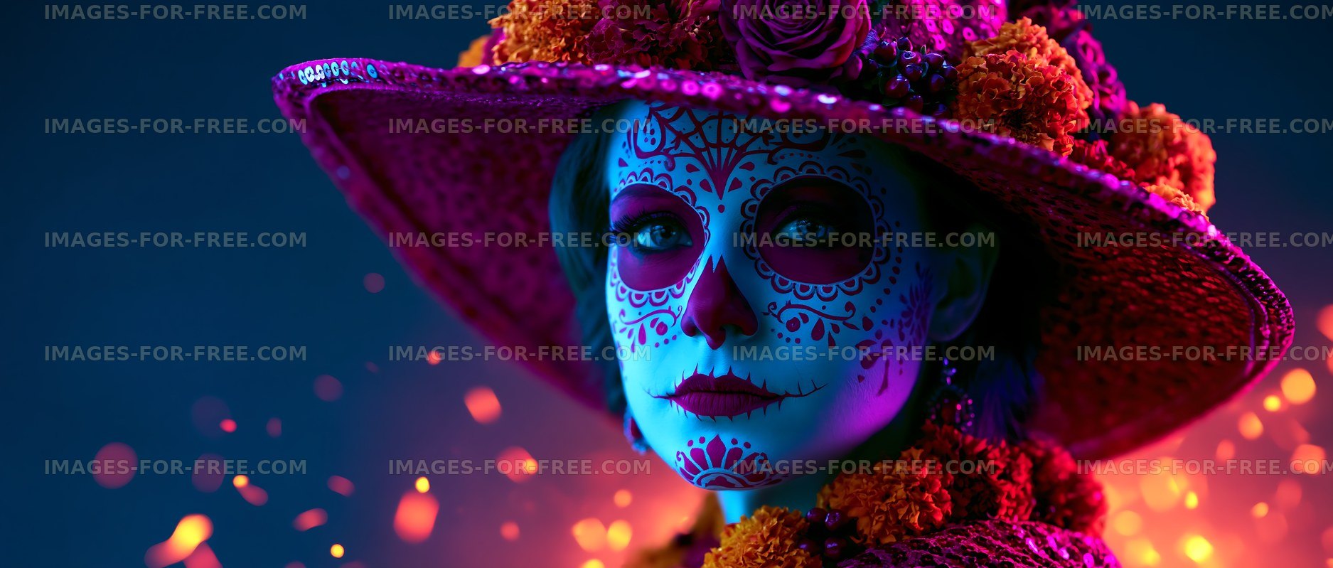 Colorful sugar skull makeup portrait with floral wide-brimmed hat