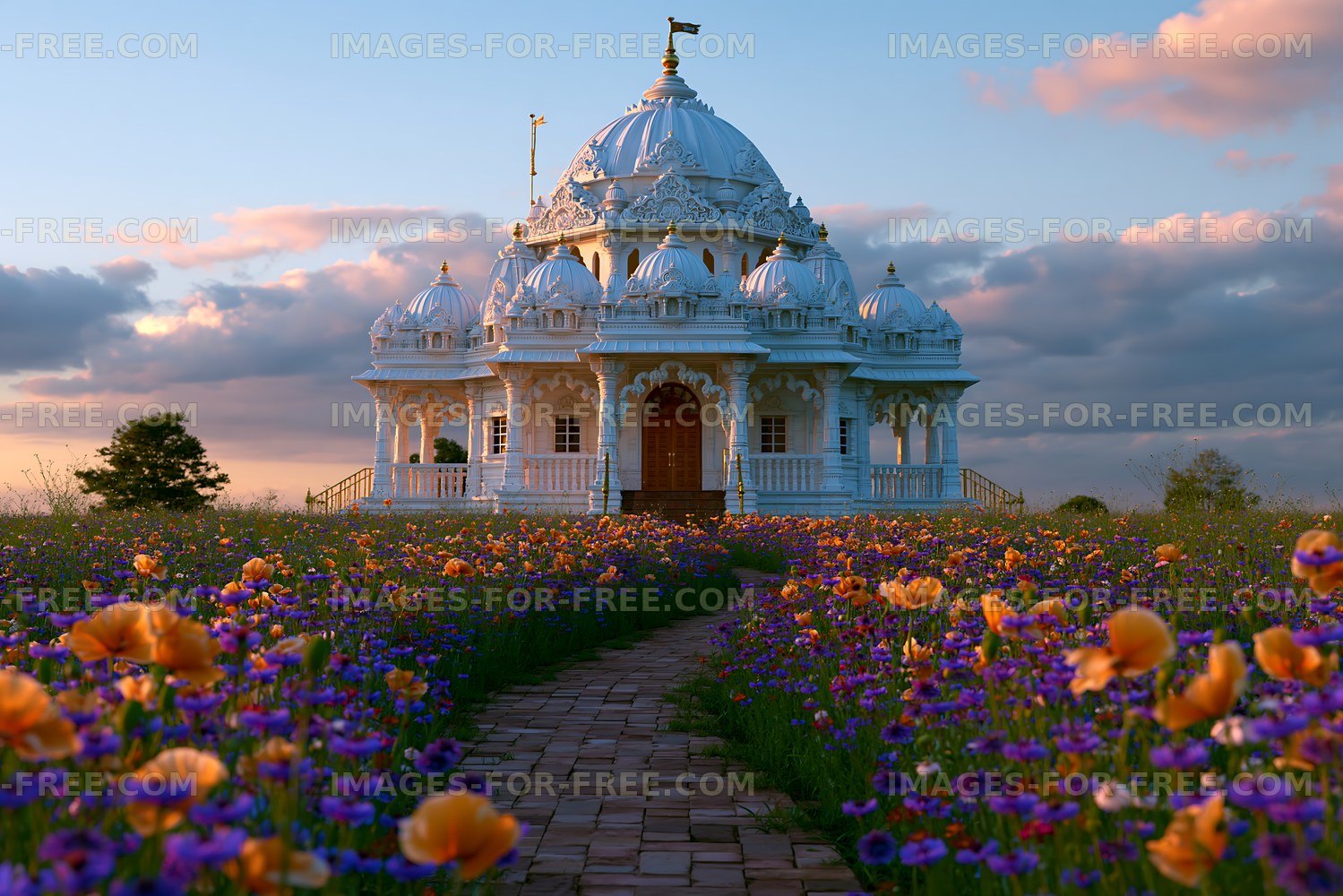 White domed temple in a flower-filled meadow at sunset