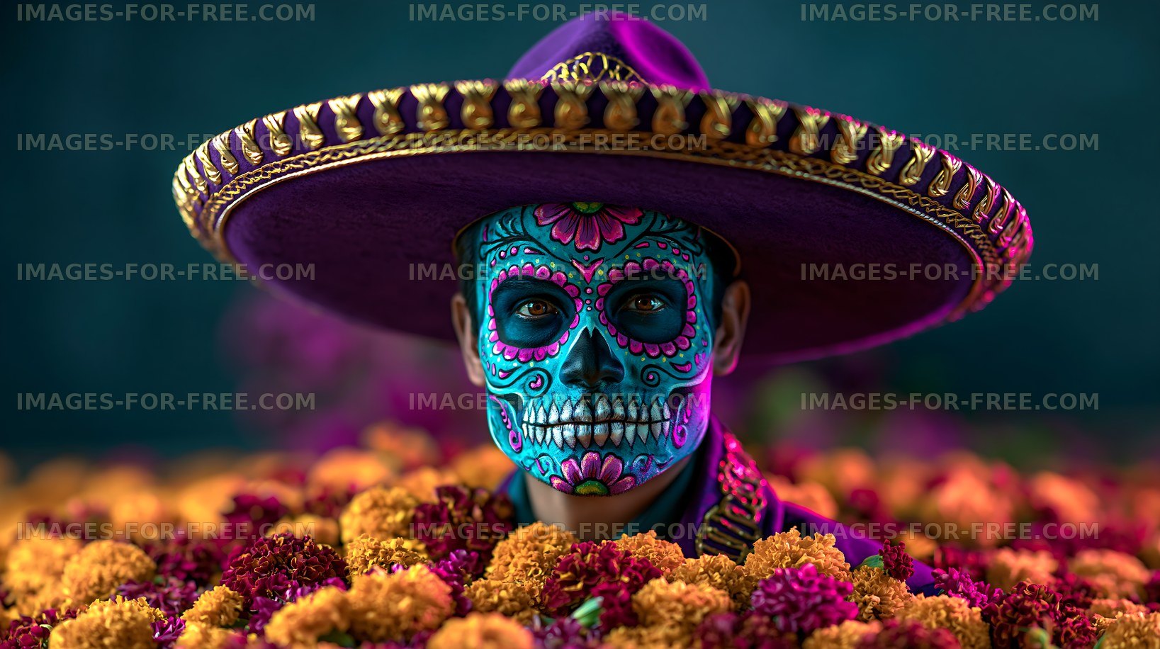 Colorful skull makeup portrait among marigold flowers