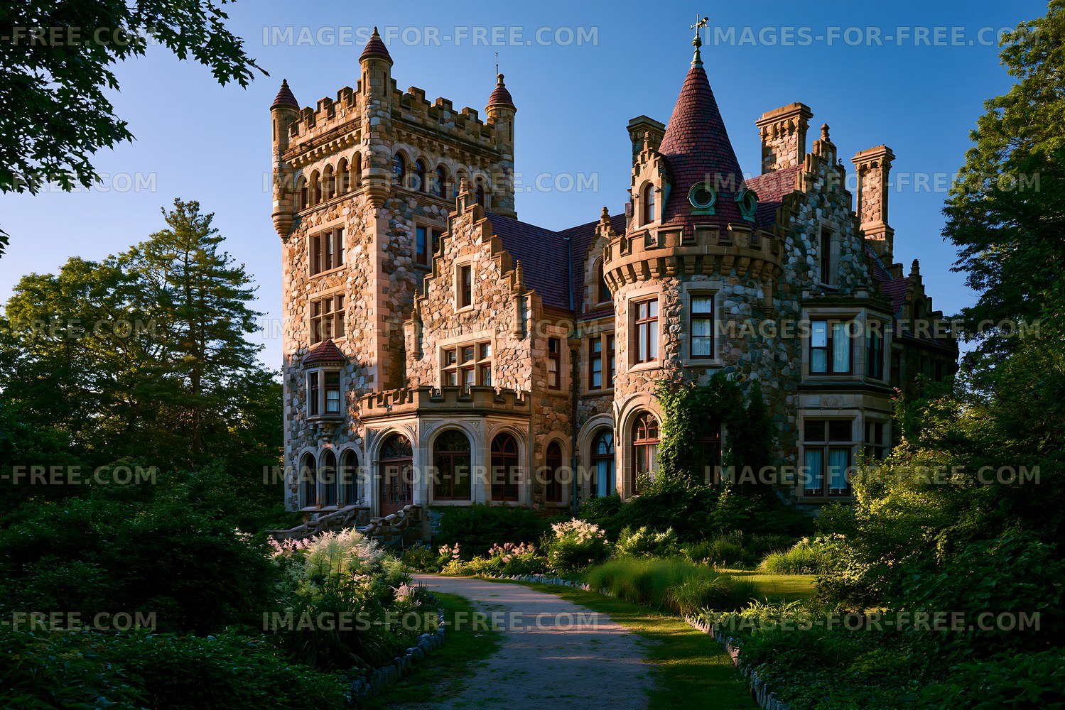 Ornate historic mansion in a lush garden