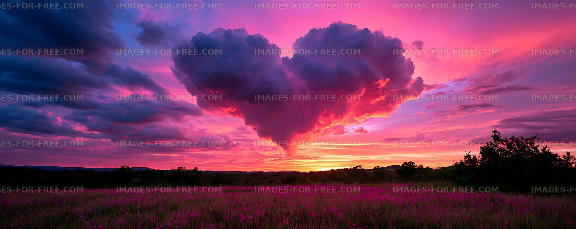 Colorful sunset with towering clouds above a meadow