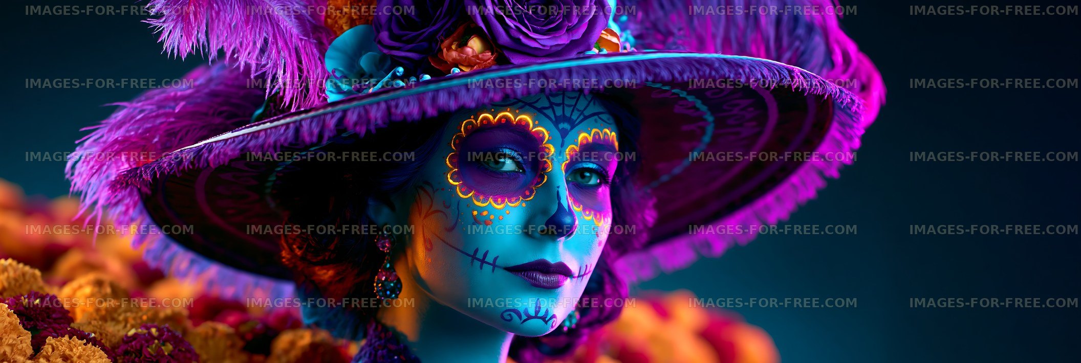 Colorful close-up portrait with decorative face paint and featheredhat