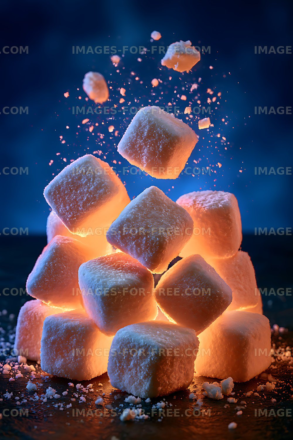 Sugar cubes stacked with a glowing effect in dark background