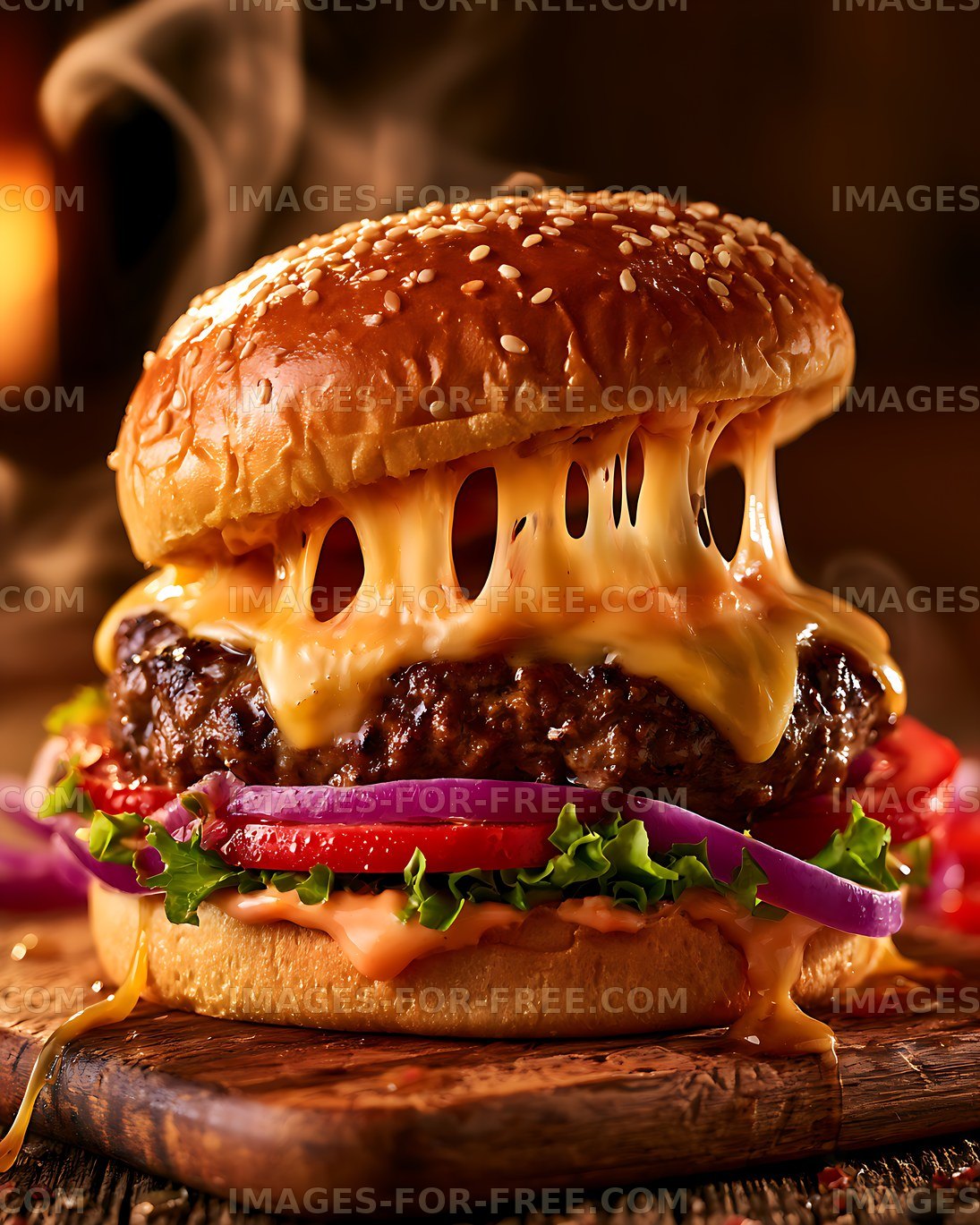 Melted cheese burger with vegetables on a wooden board