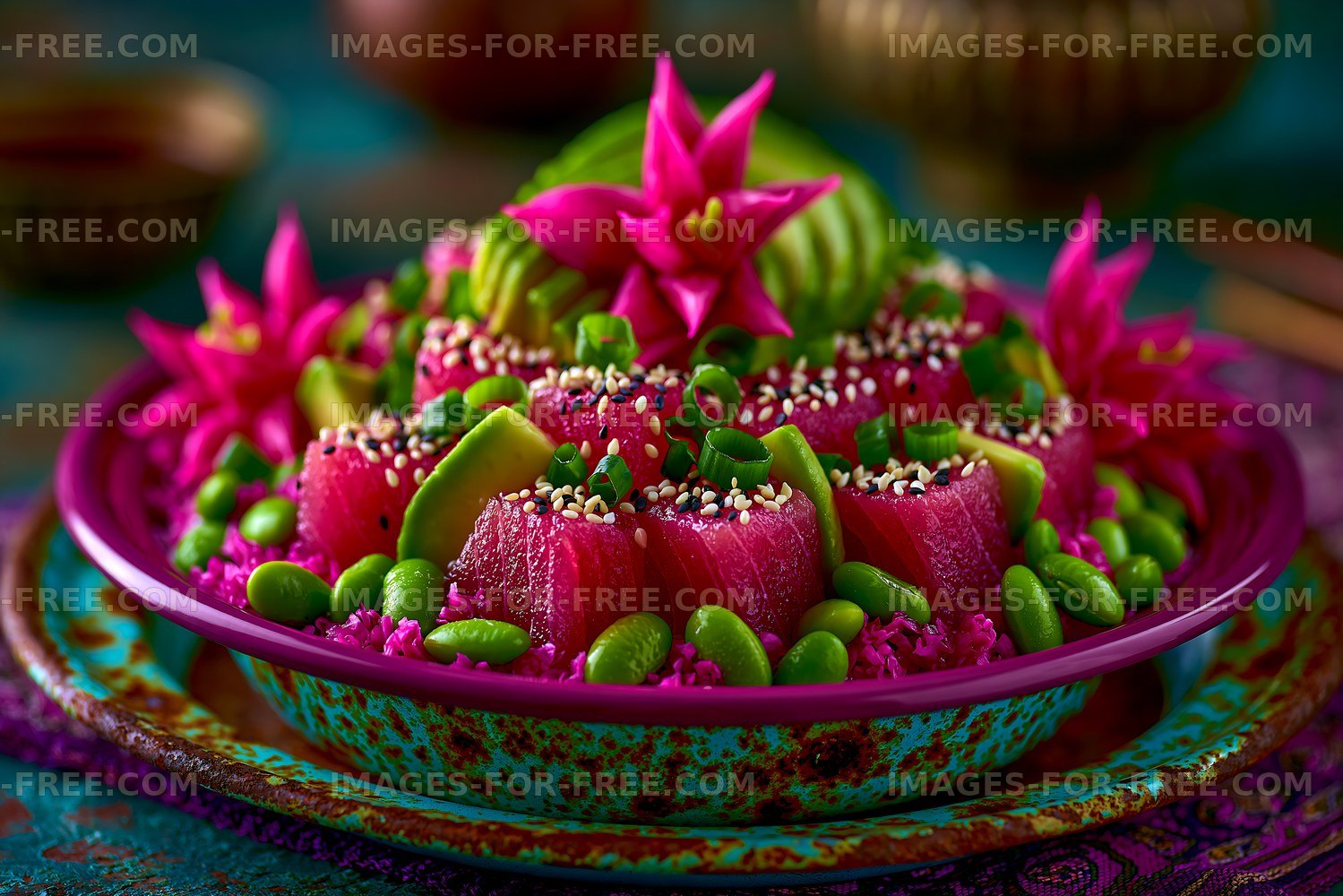 Colorful salad with fruits and vegetables on a decorated plate
