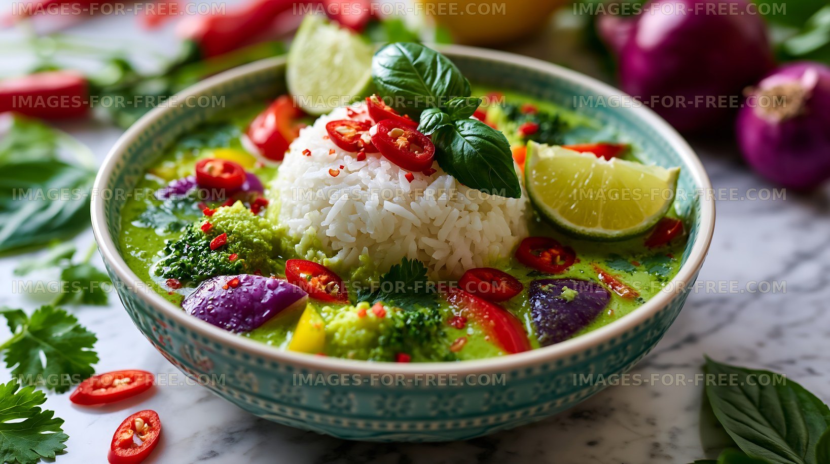 Vegetable curry with rice and fresh lime