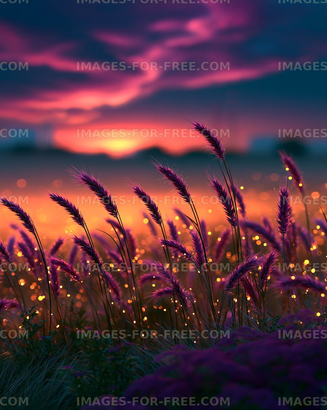 Purple Grass in a Glowing Sunset Meadow
