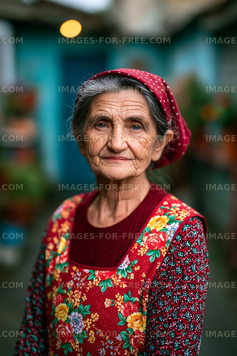 Elderly woman wearing traditional attire in a market setting