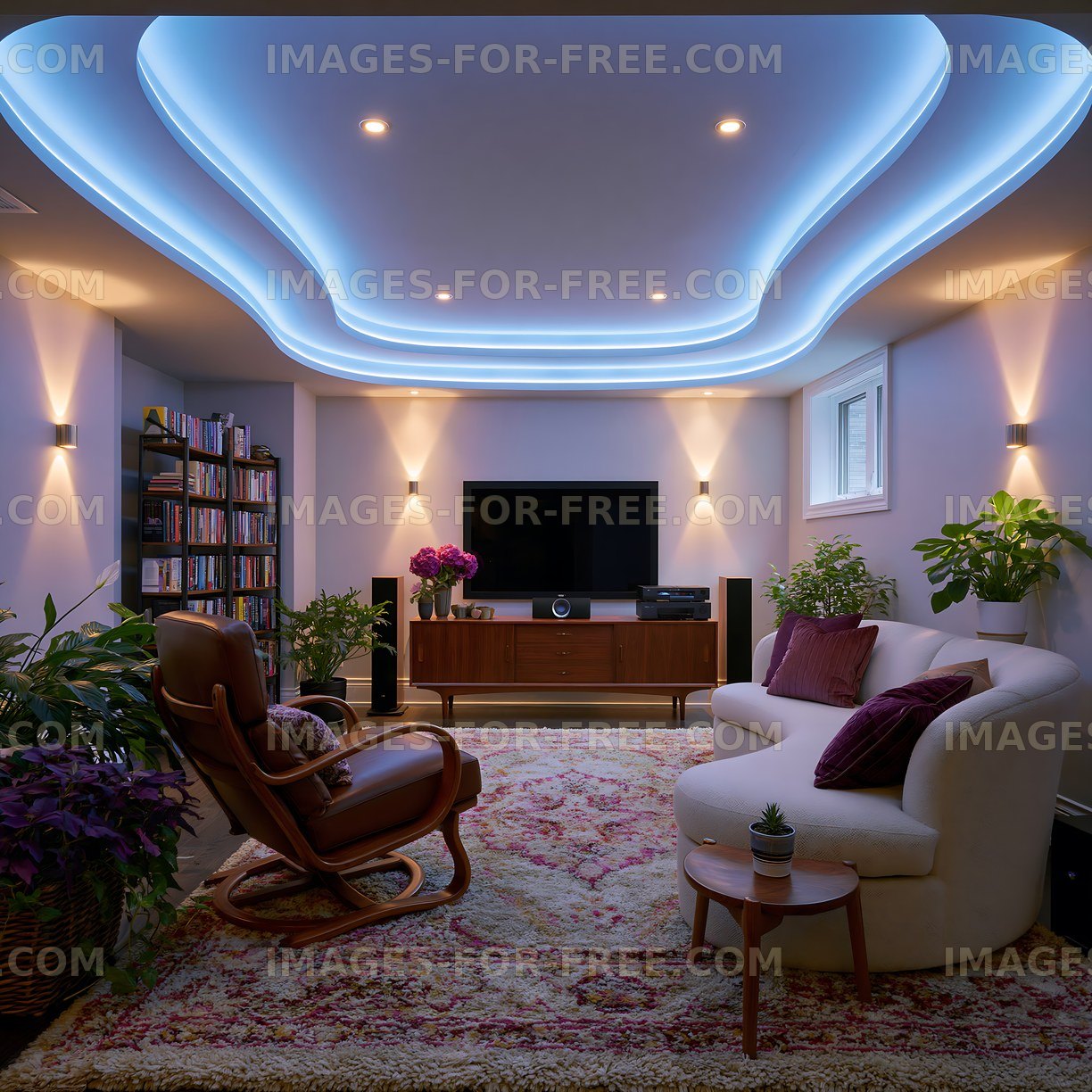 Cozy living room interior with decorative lighting and plants
