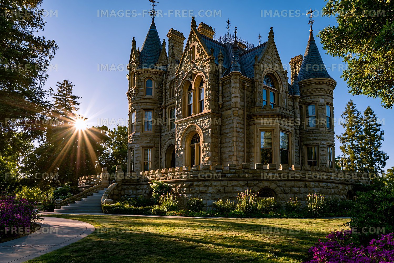 Ornate stone mansion in a sunny landscaped garden