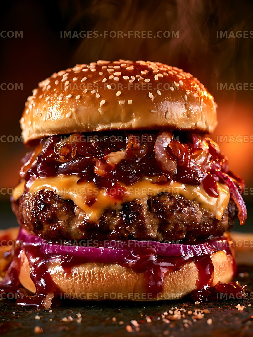 Juicy burger stacked with cheese, onion, and barbecue sauce