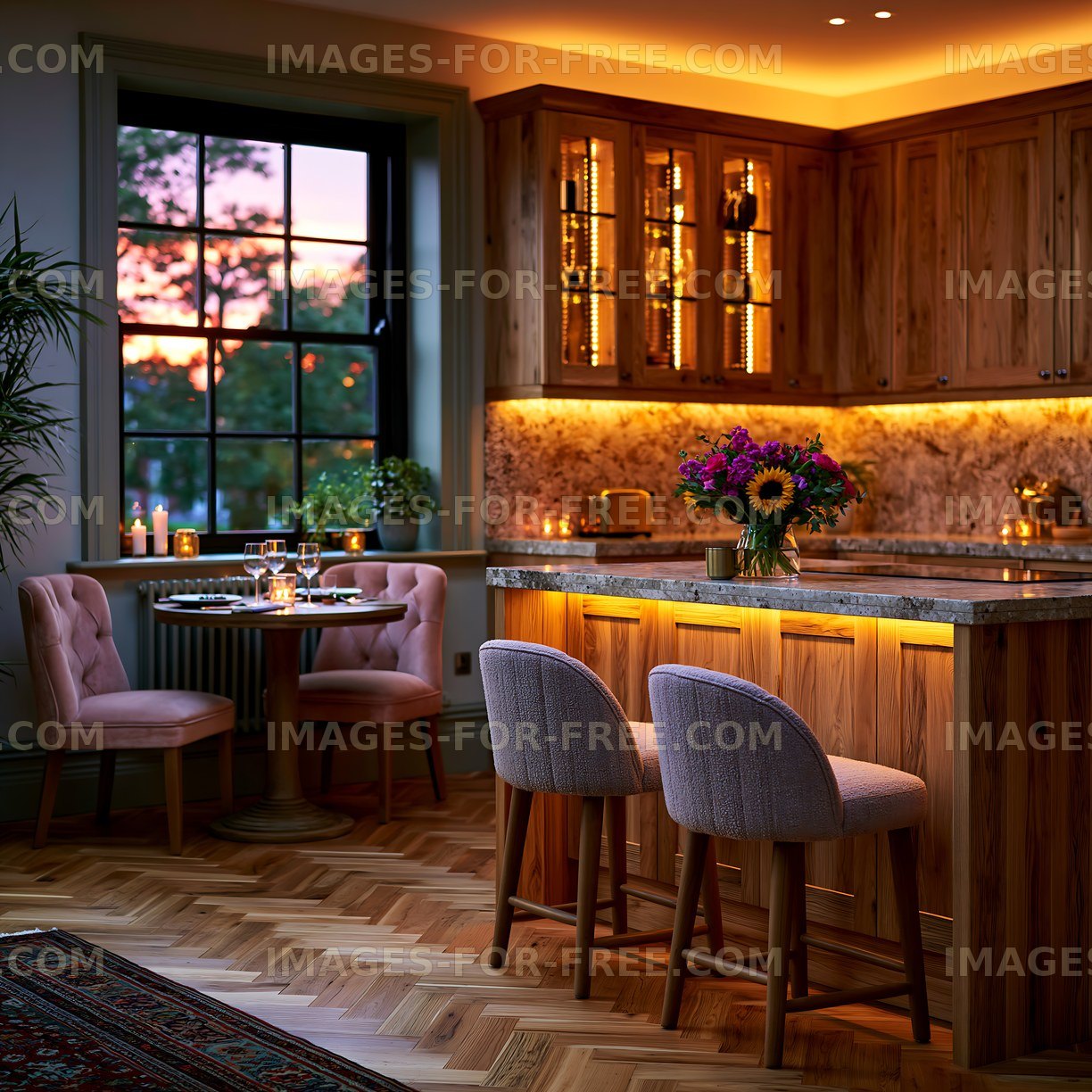 Cozy kitchen interior with dining table and floral centerpiece