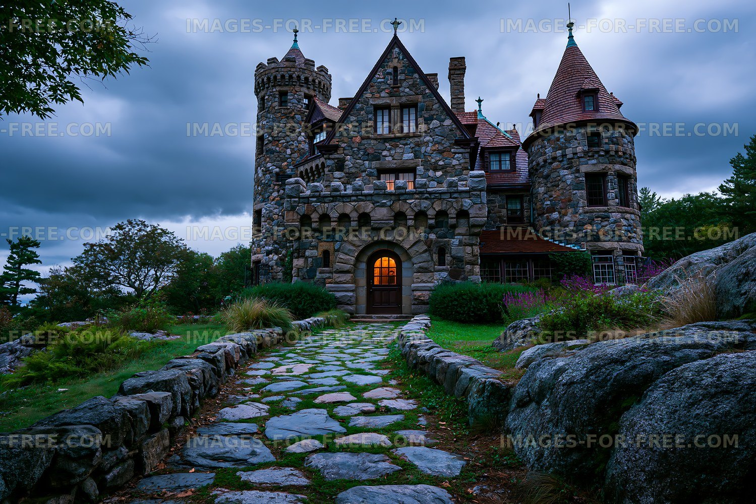 Historic stone castle with turrets and garden path