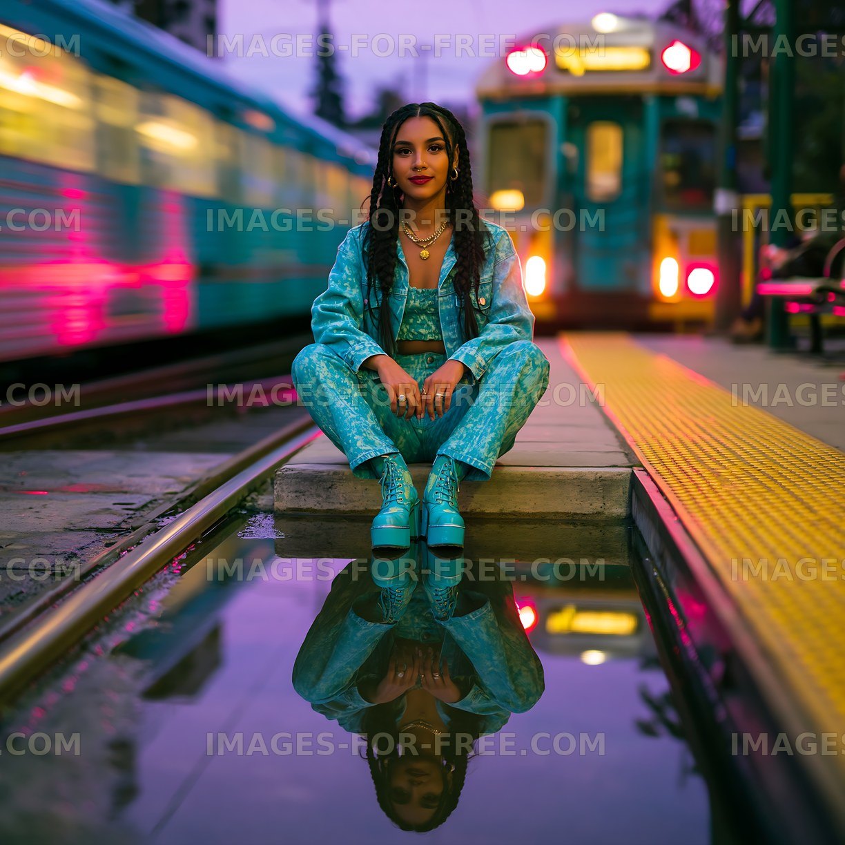 Fashionable woman seated on subway tracks with reflection