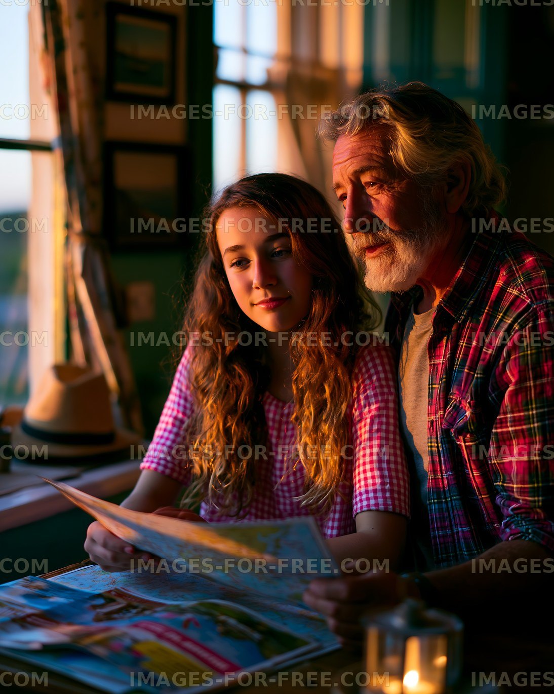 Family members looking at a map in warm indoor light