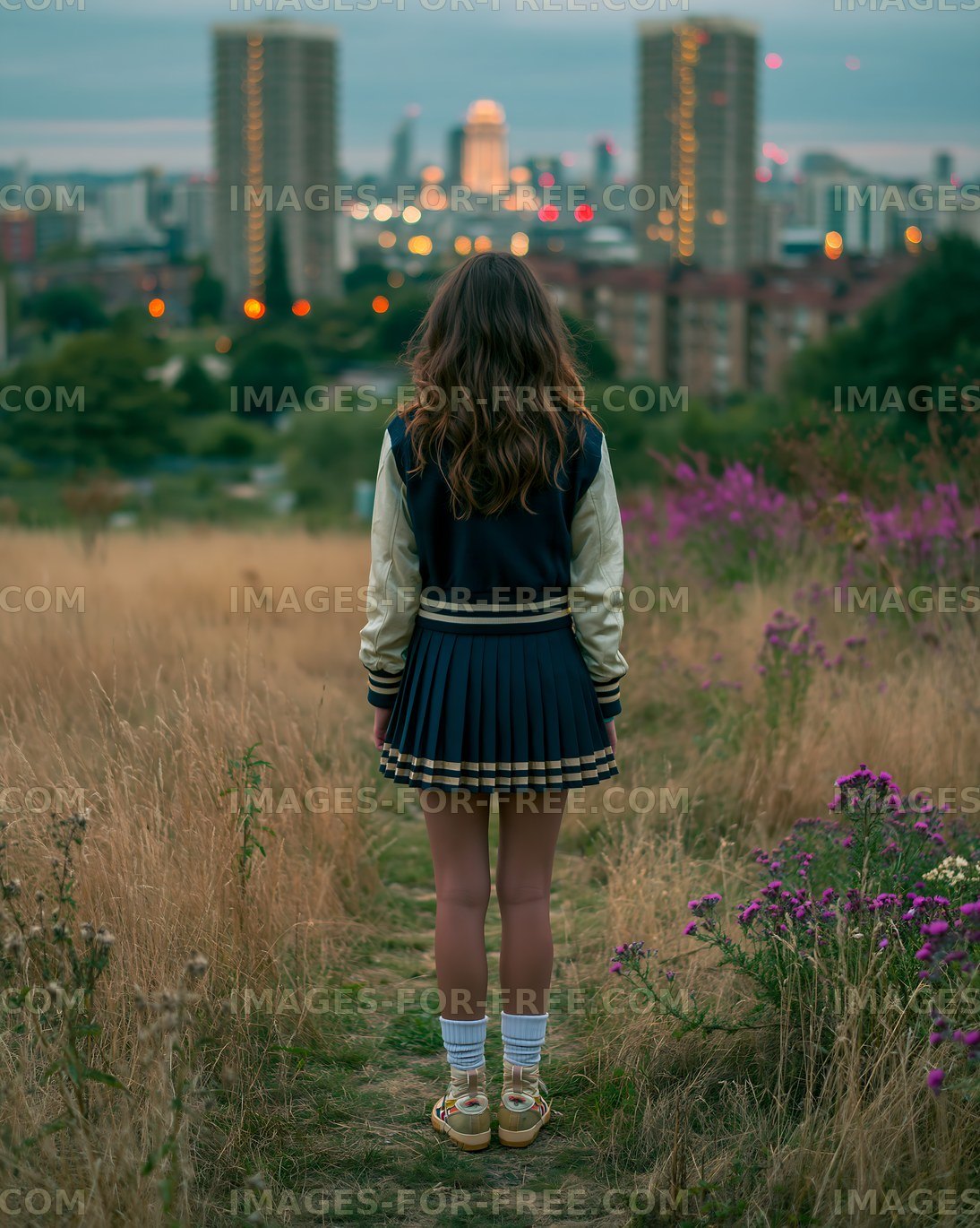 Rear View of Woman in Wildflower Meadow at Dusk