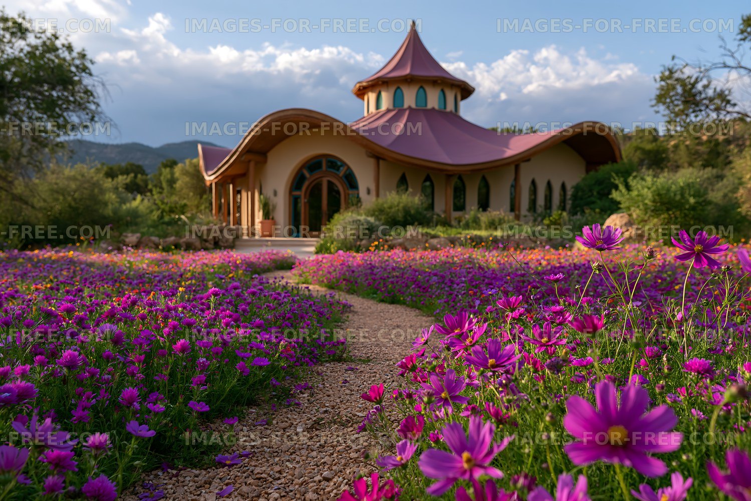 Flower-filled garden path leading to an ornate pavilion