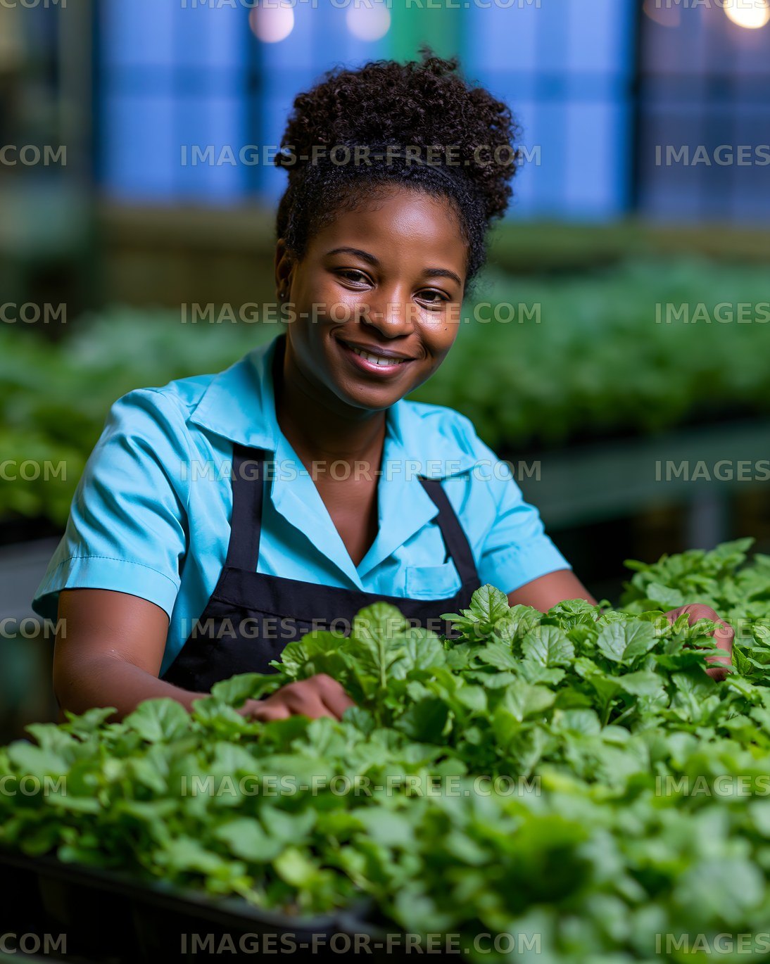 Portrait of woman caring for leafy plants indoors