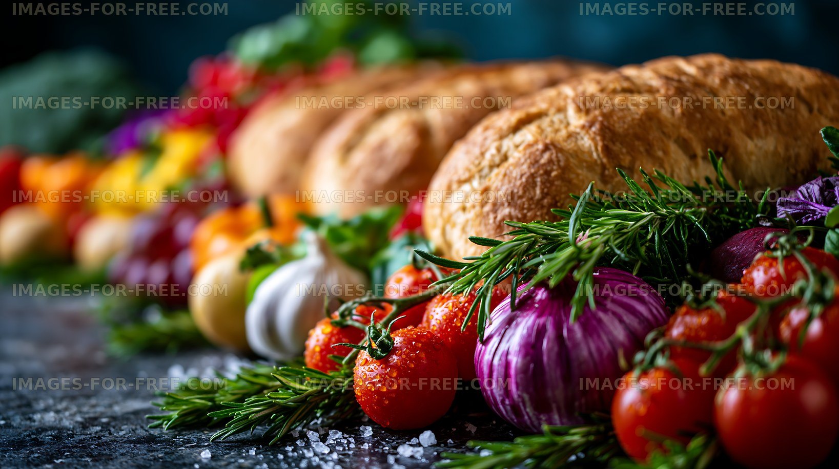Rustic bread and colorful fresh produce