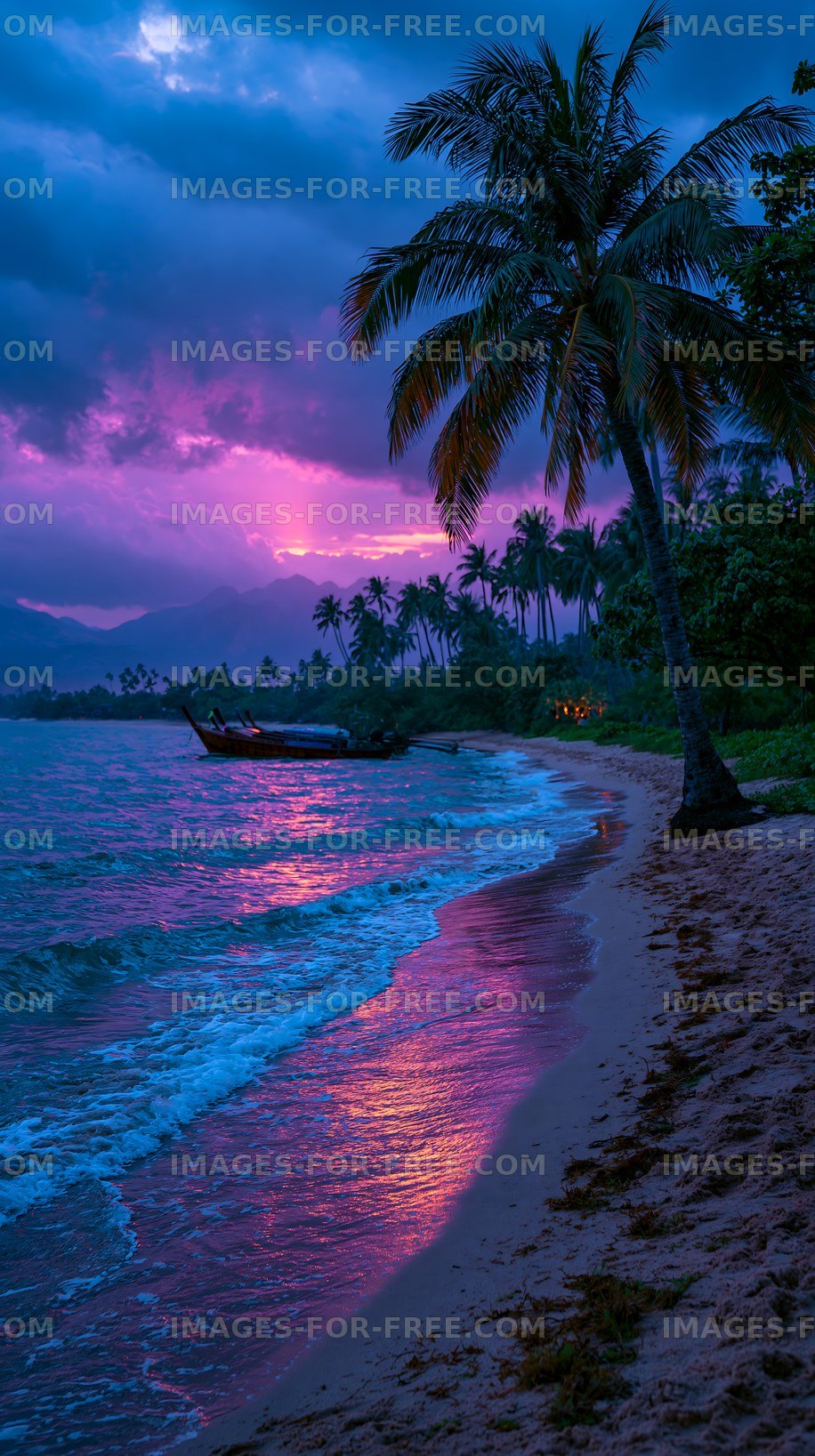 Palm-lined tropical shoreline glowing under a colorful evening sky