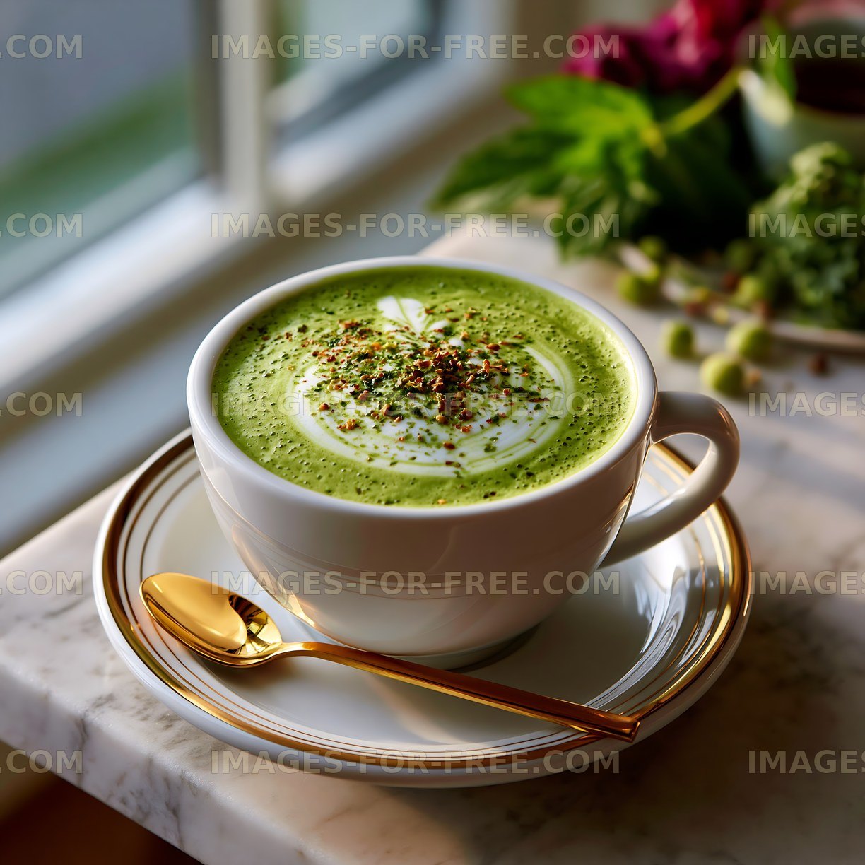 Matcha latte served in a white cup by a sunny window