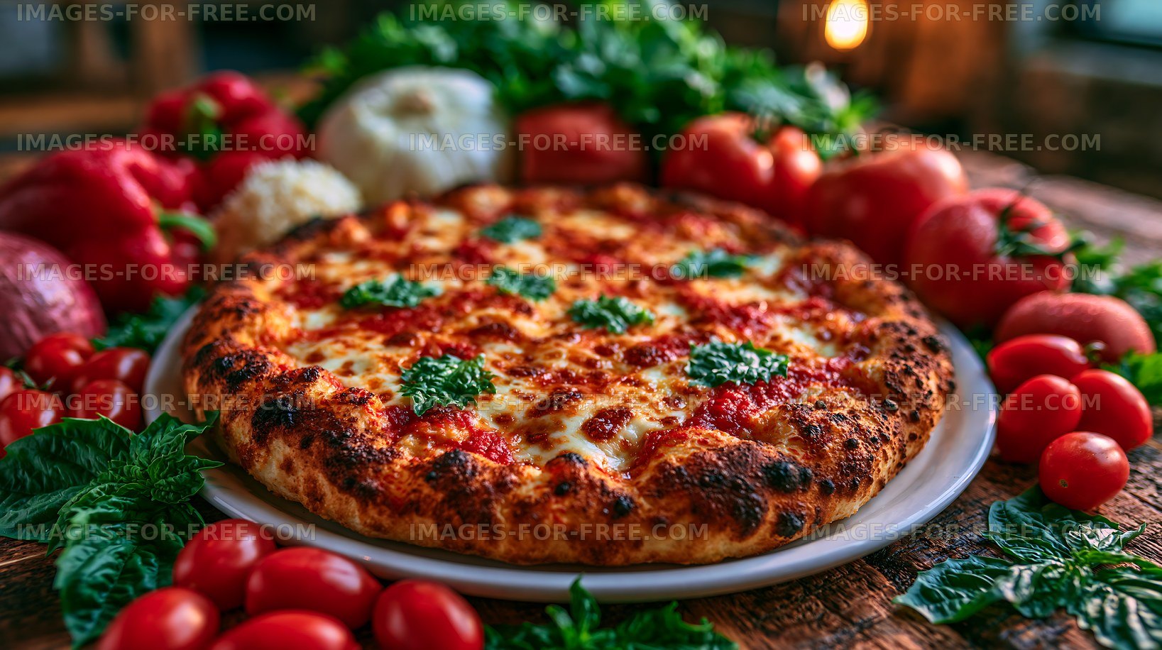 Cheese pizza with fresh vegetables on rustic table