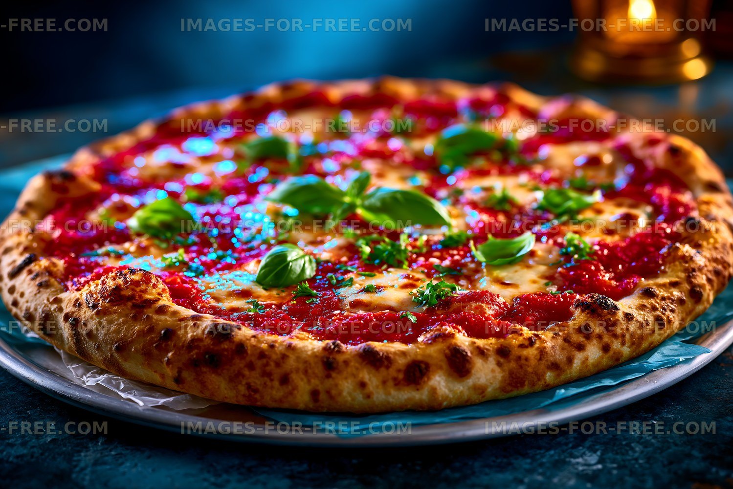 Close view of homemade-style cheese pizza with fresh basil