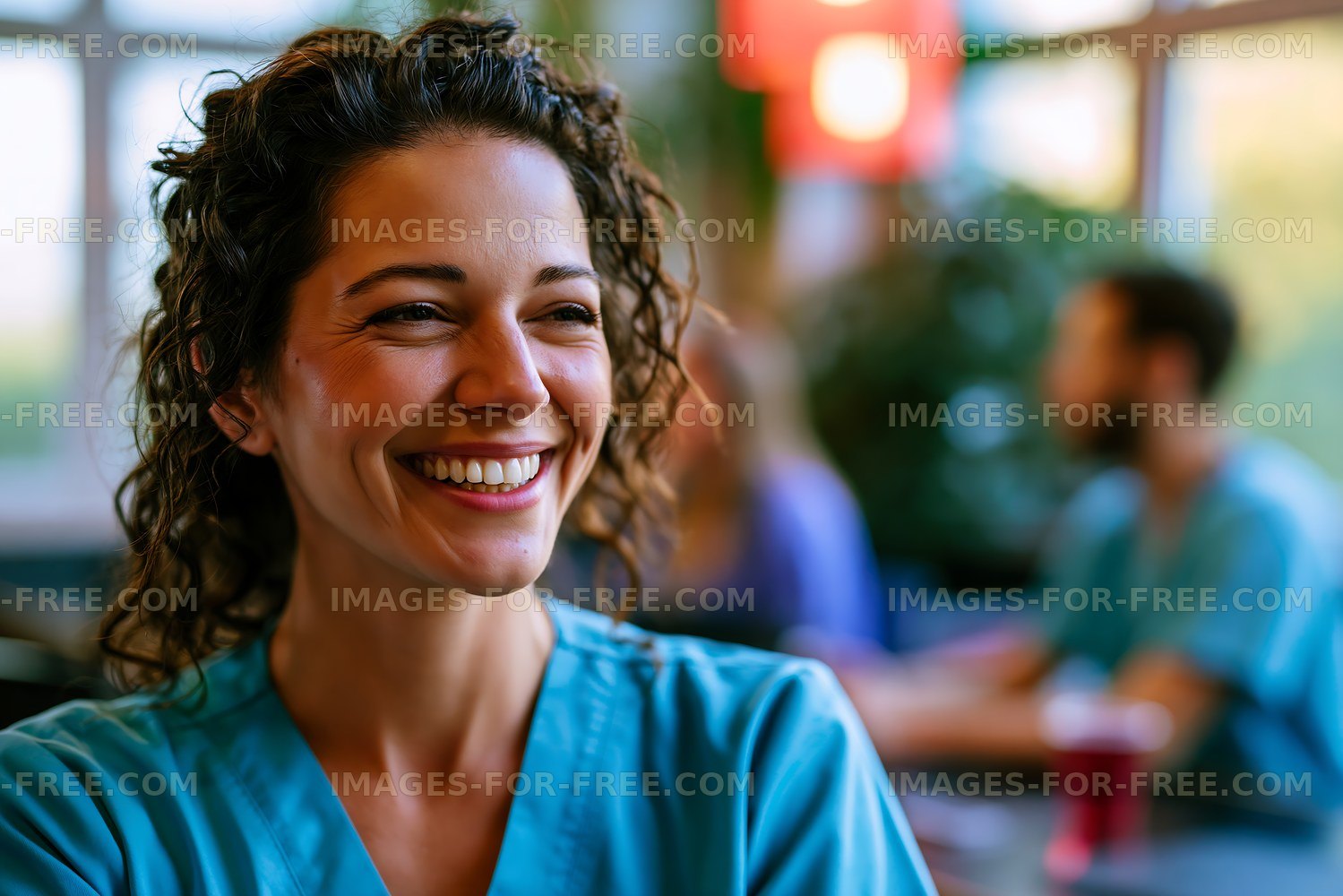 Joyful woman with curly hair in café setting