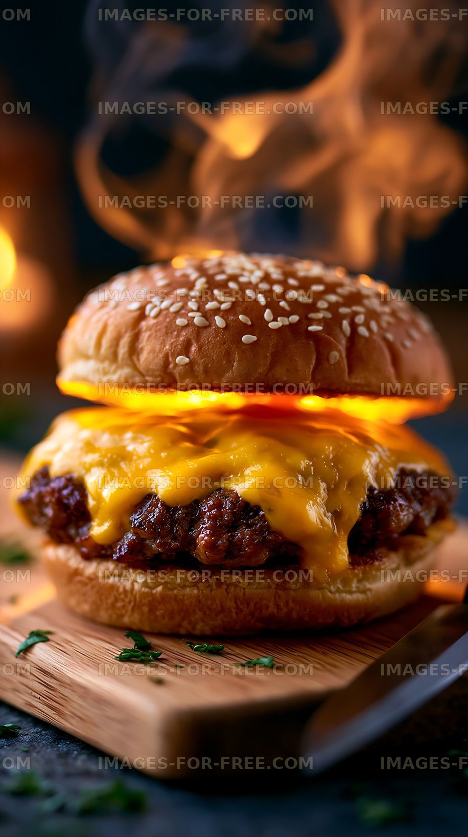 Gourmet cheeseburger on wooden board