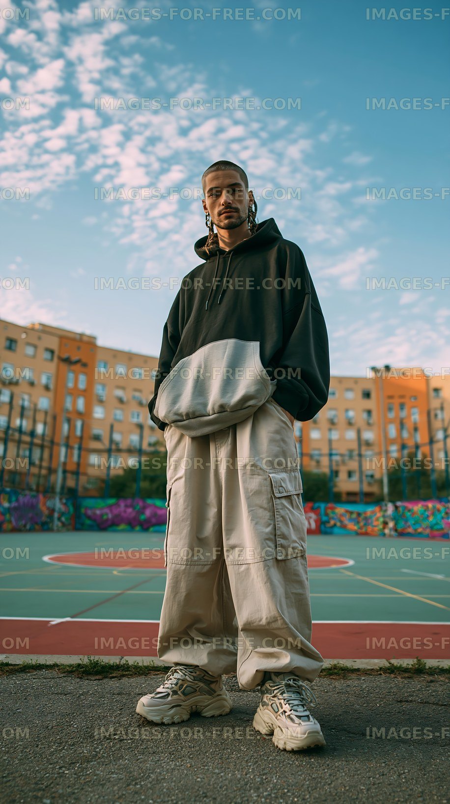 Young man wearing casual streetwear on a city basketball court