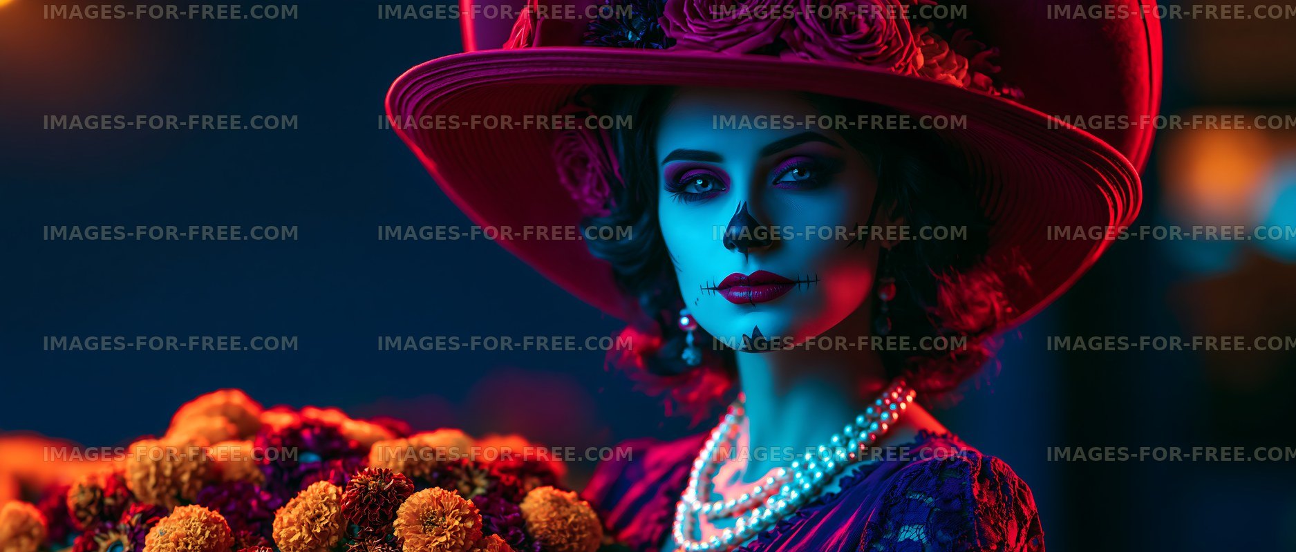 Dramatic woman portrait with flowers and wide-brimmed hat