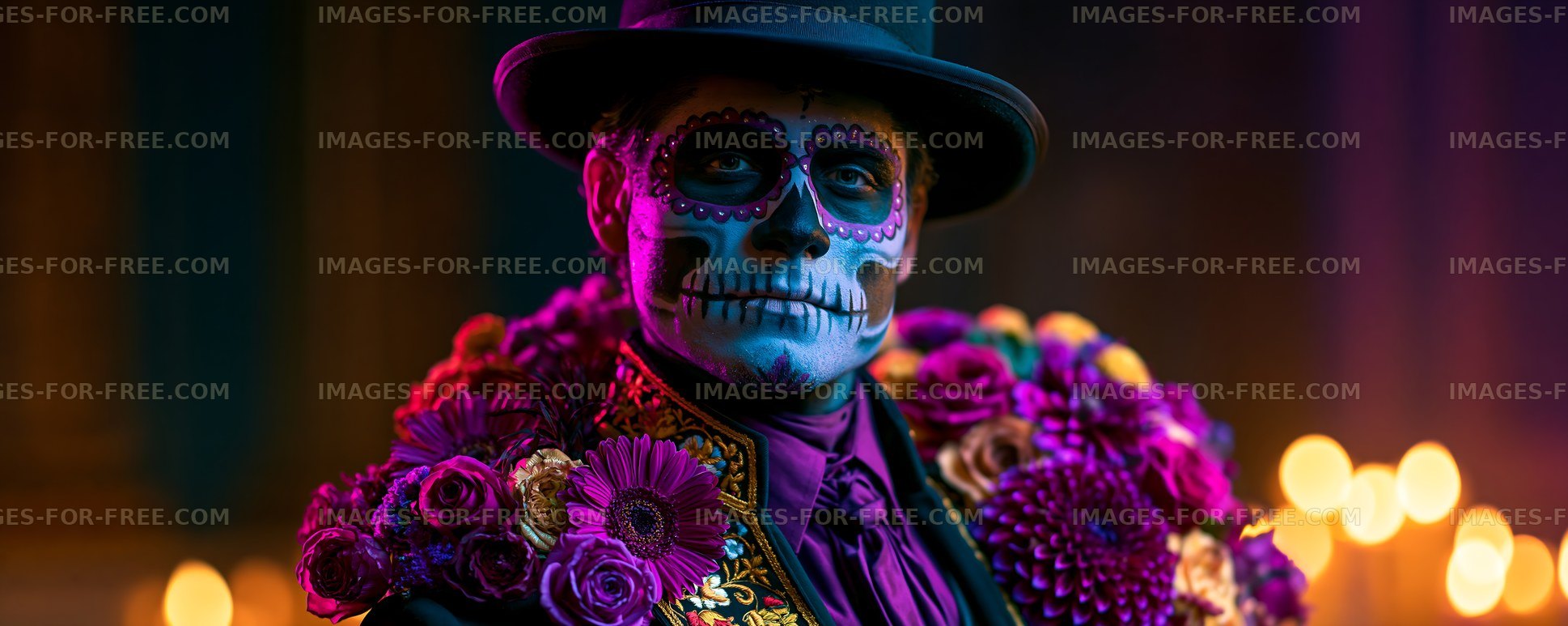 Colorful Sugar Skull Portrait with Flowers and Dramatic Lighting