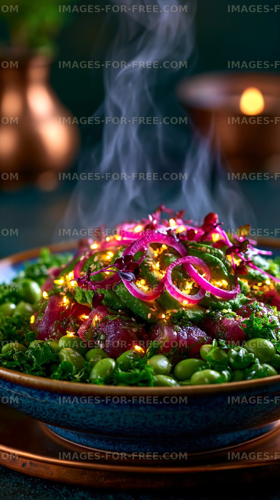 Steaming colorful vegetable salad with glowing decorative lights