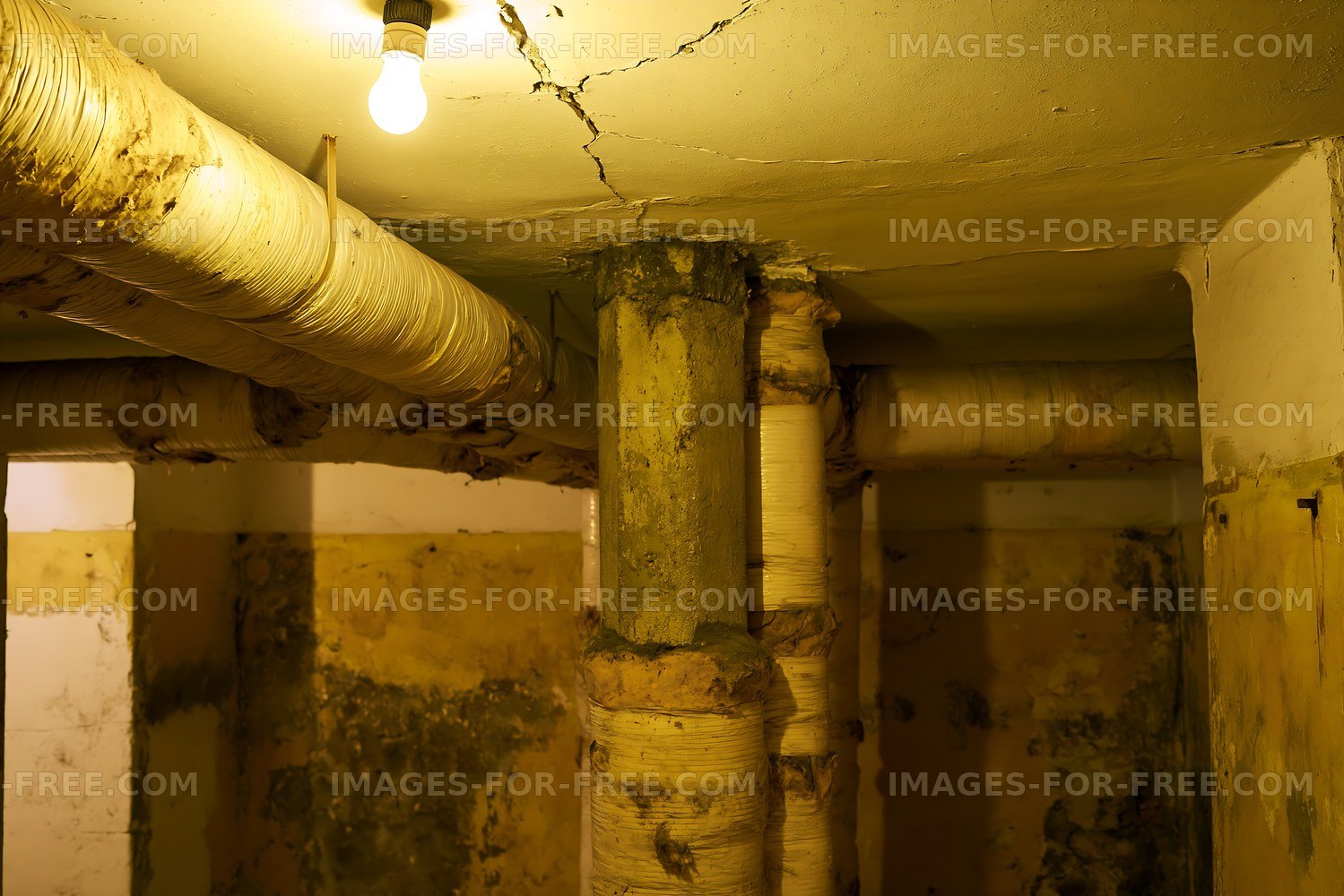 Old basement interior with pipes and damaged ceiling