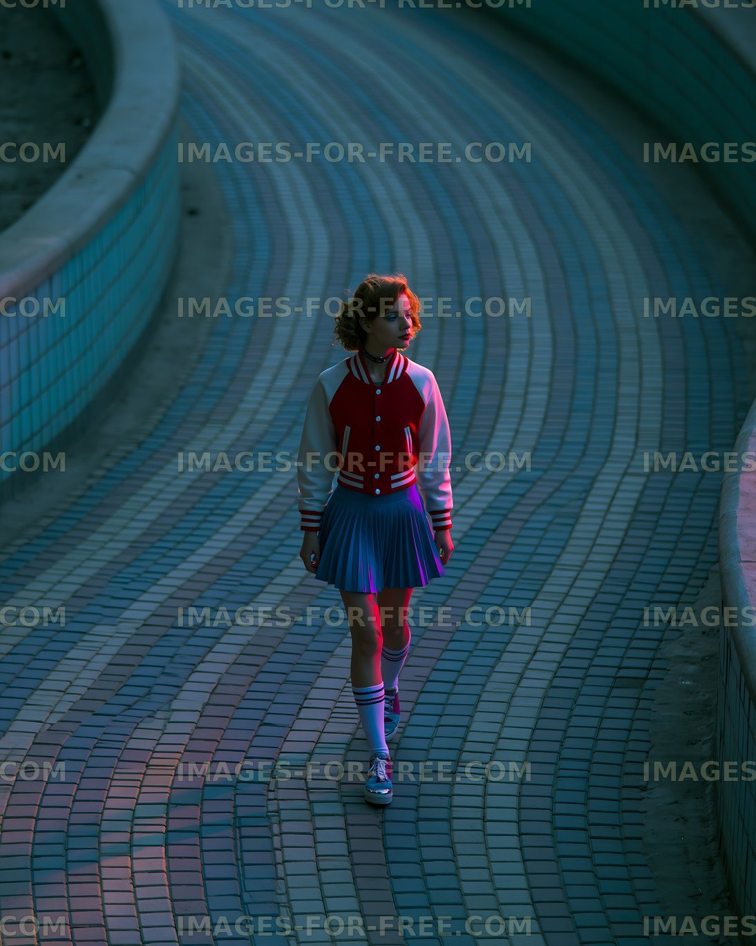 Woman in varsity jacket walking on tiled walkway