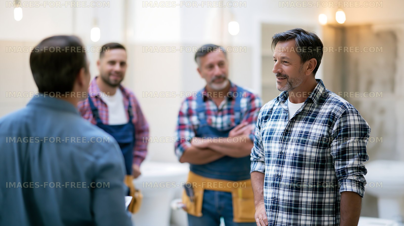Men engaged in a group conversation in a bright workshop