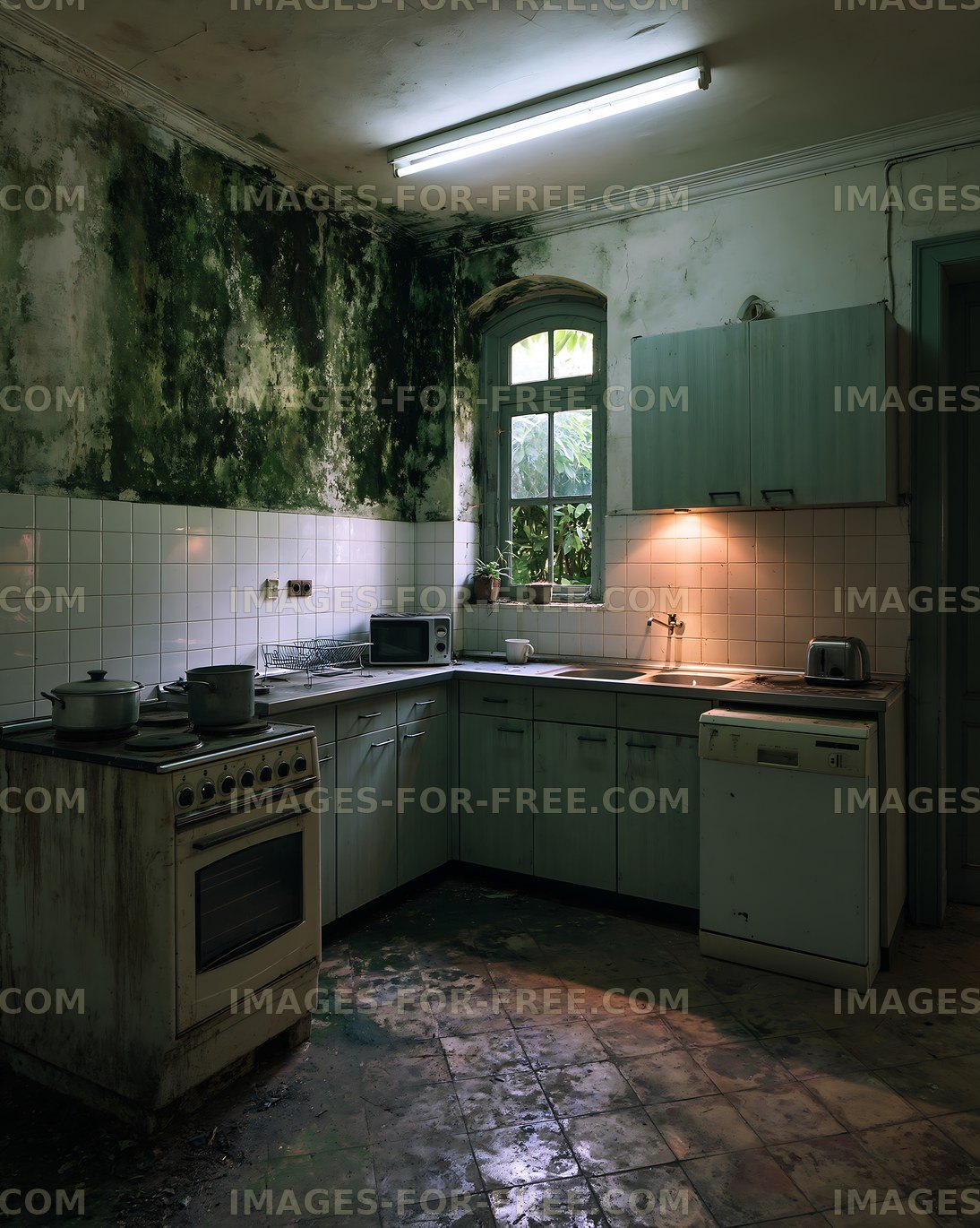 Old kitchen interior with mold, worn tiles, and aging appliances