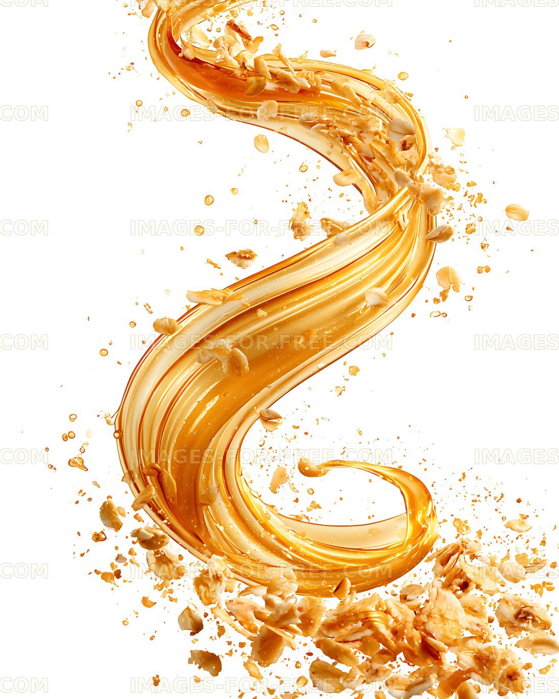Glossy caramel swirl with scattered pieces on white