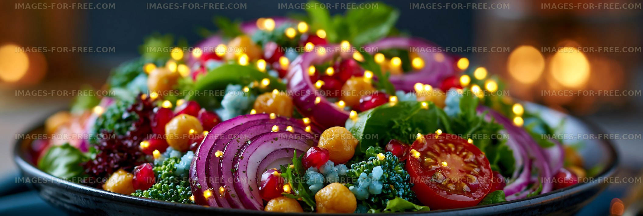 Colorful salad with vegetables and warm lights
